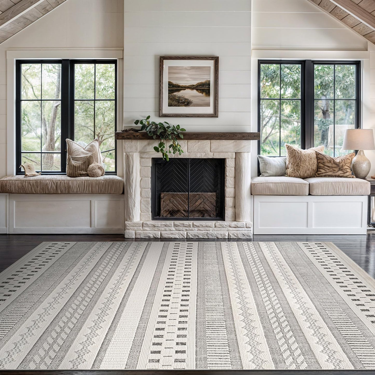 Beverly Rug Micro Loop Area Rug Gray/White 5x7 Geometric Modern Scandinavian Striped Durable Soft Indoor Rugs for Living Dining Room Office Stain Resistant Non Shedding Casual Indoor Carpet 5 x 7