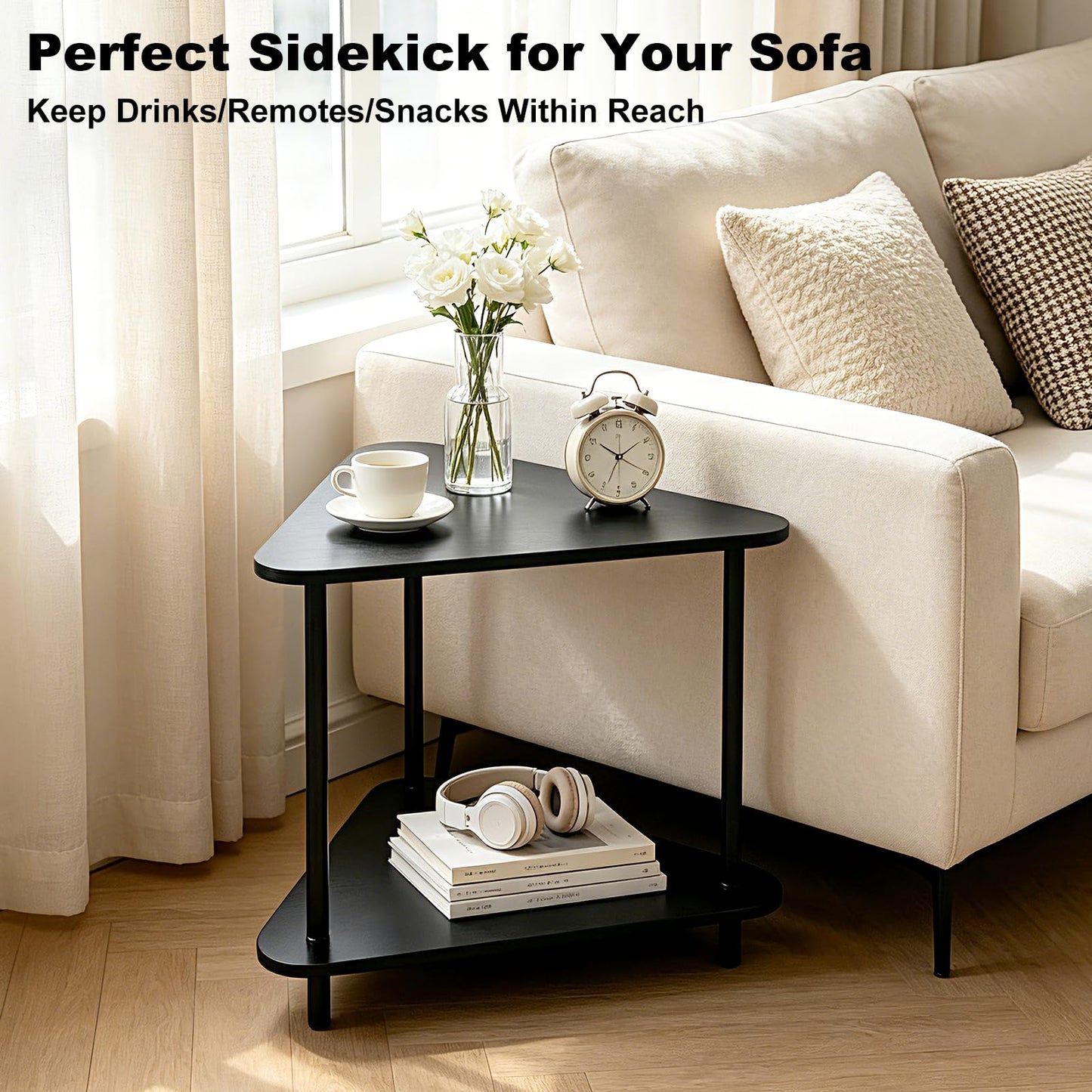 TECHYAP Black Triangle Side Table, 22" Small Corner End Table Triangle Night Stand 2-Tier with Storage Shelf, Coffee Corner Tables for Living Room Bedroom Nightstand ModernMinimalist Bedside Table