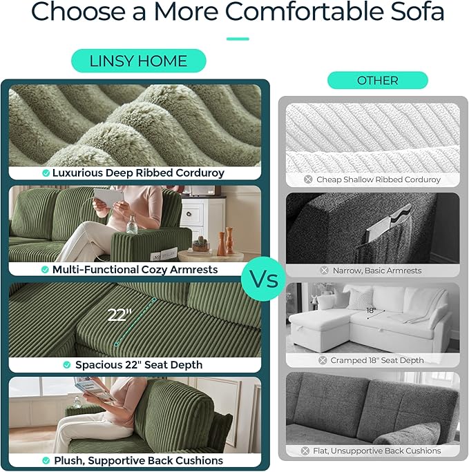 LINSY HOME Sectional Sofa with Pull Out Bed, 7 Seats Corduroy Reversible