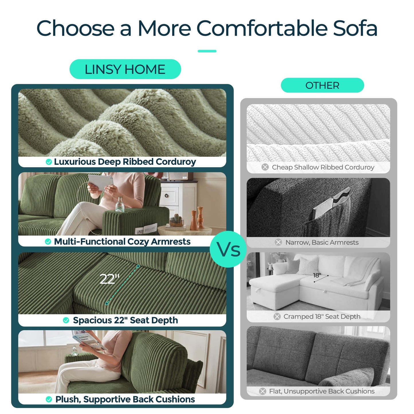 LINSY HOME Loveseat Sofa with Pull Out Couch Chaise: 2-in-1 Convertible 2 Seater Sofa with USB Charging & Cup Holders, Comfy Plush Corduroy Love Seat for Small Spaces Living Room Apartment, Green