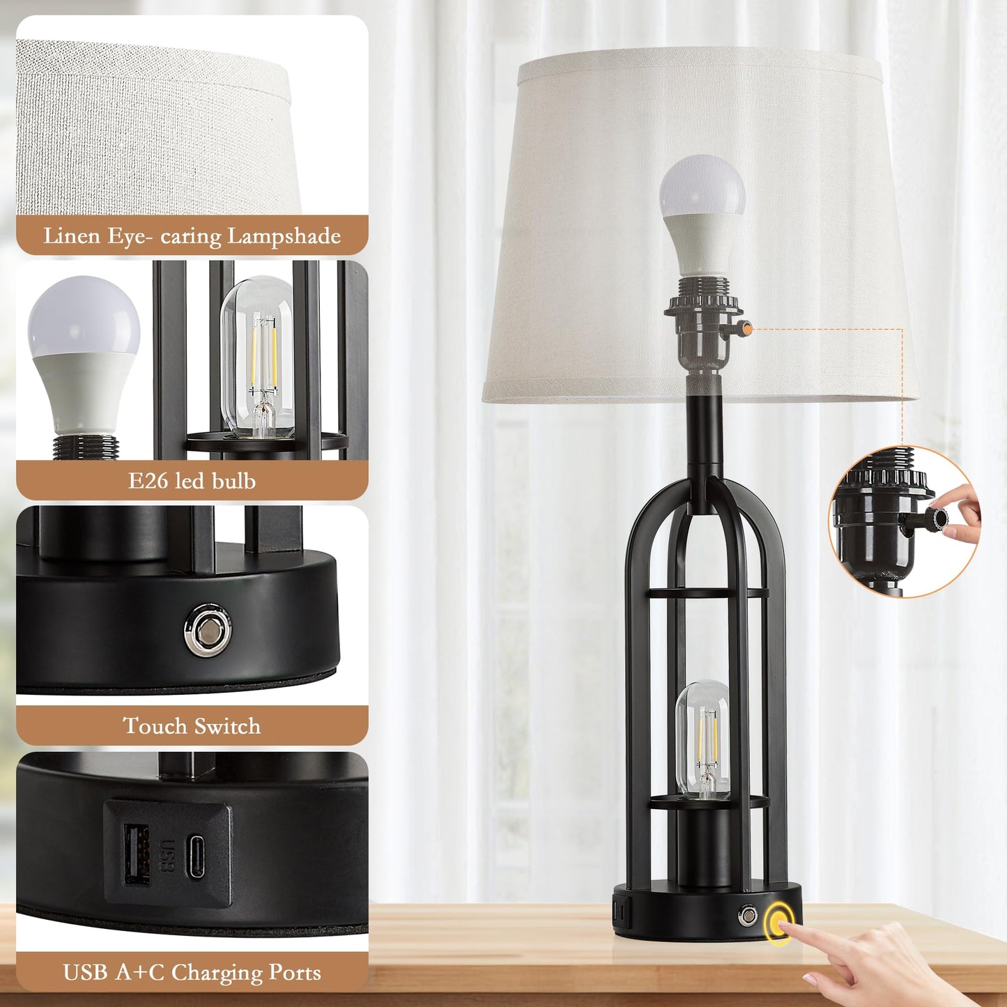SRJJA 24" Table Lamps for Living Room Set of 2, Farmhouse Industrial 3-Way Dimmable Touch Bedside Lamps with USB A+C for Bedroom Nightstand，4 Bulbs Included