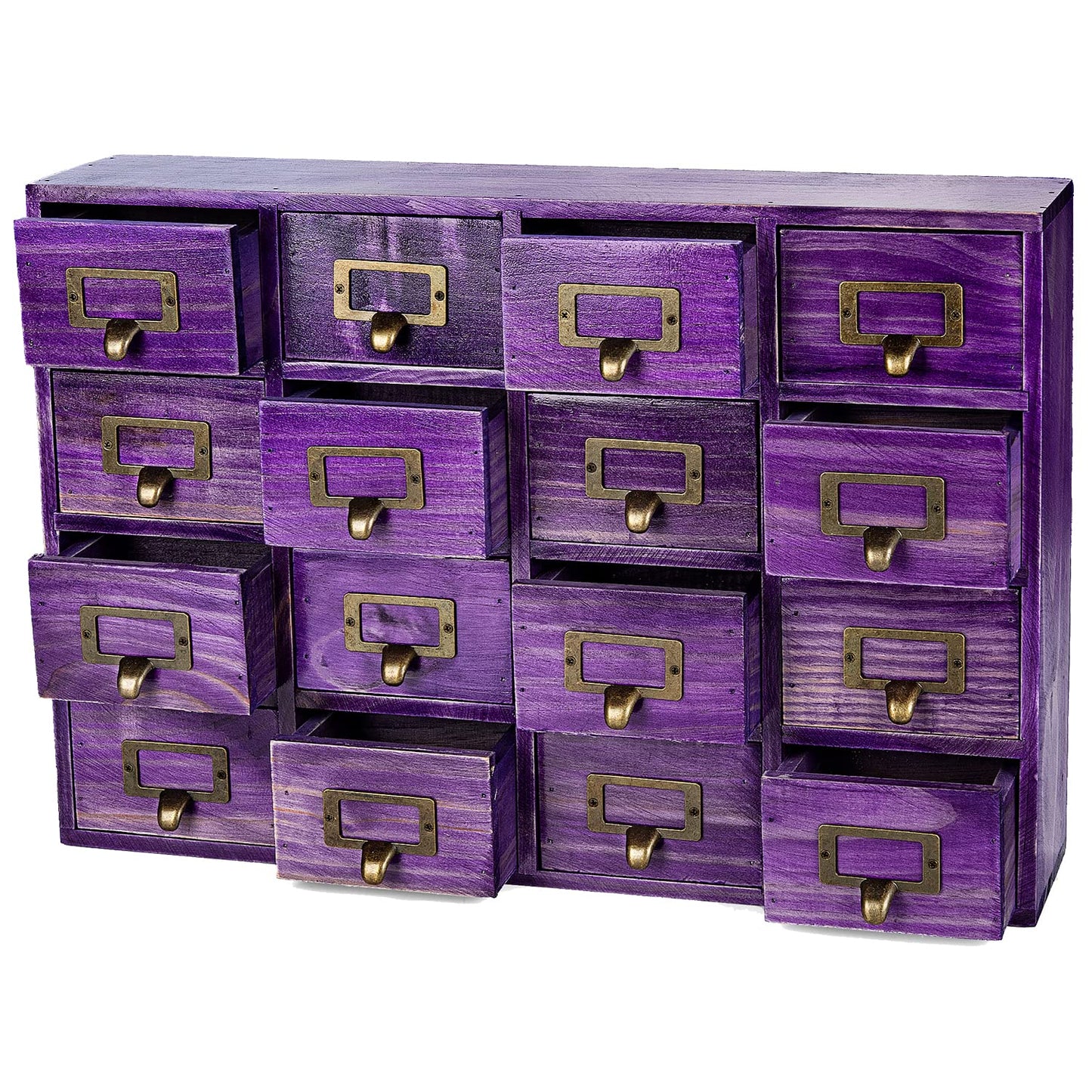 Purple 16-Slot Wooden Drawer Unit - Country Style Desk Organizer Box - 20"x3.6”x14” Wooden Storage Box w/ 16 Drawers - Countertop Drawers w/Label Holder & Handle - Slim 4-Level Organizer
