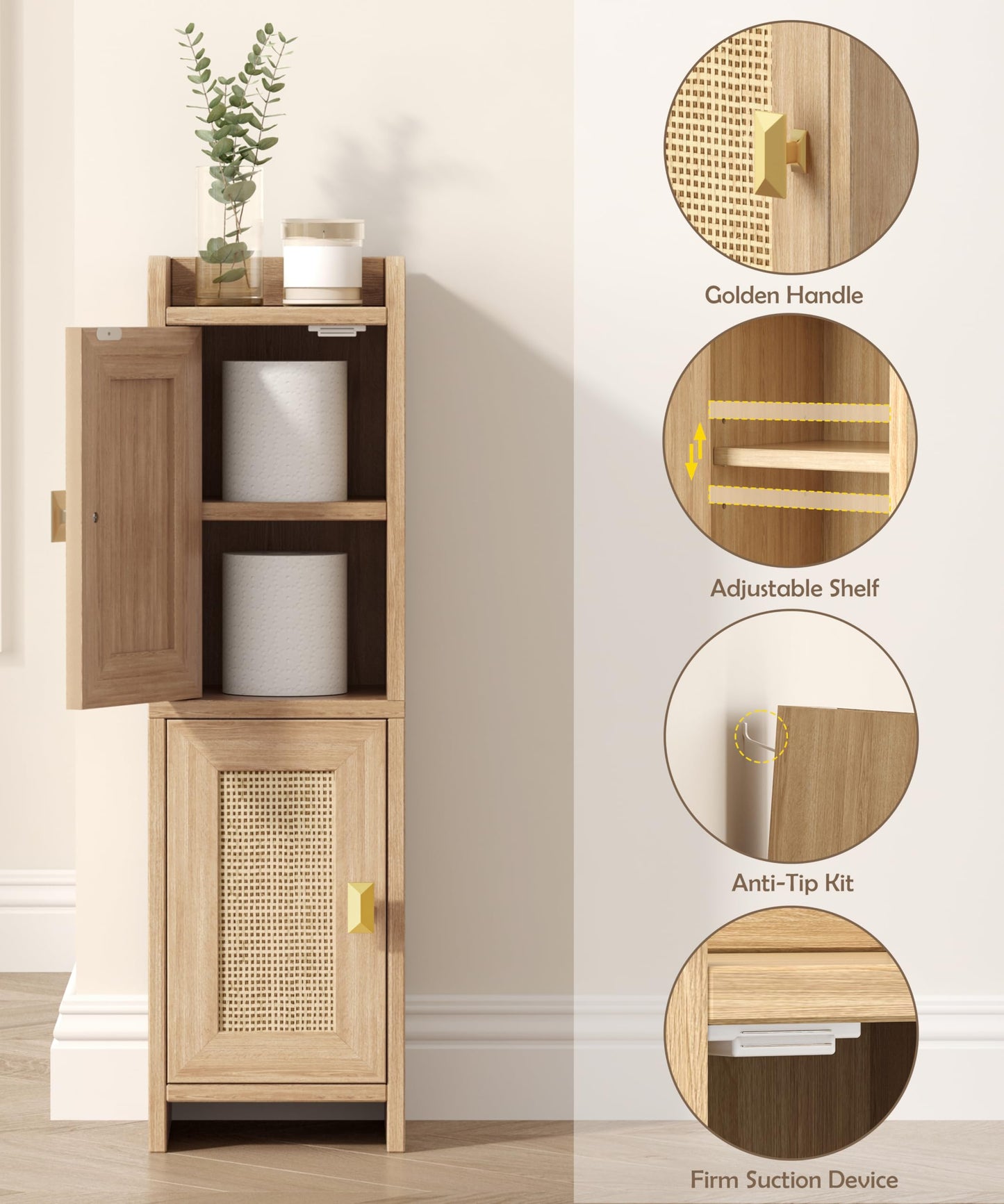 Akxomel Rattan Small Bathroom Cabinet with 2 Doors, 7.9''D x 7.9''W Narrow Toilet Paper Storage Cabinet, Bathroom Organizer for Small Spaces, Wooden Slim Corner Unit with Adjustable Shelf, Natural Oak