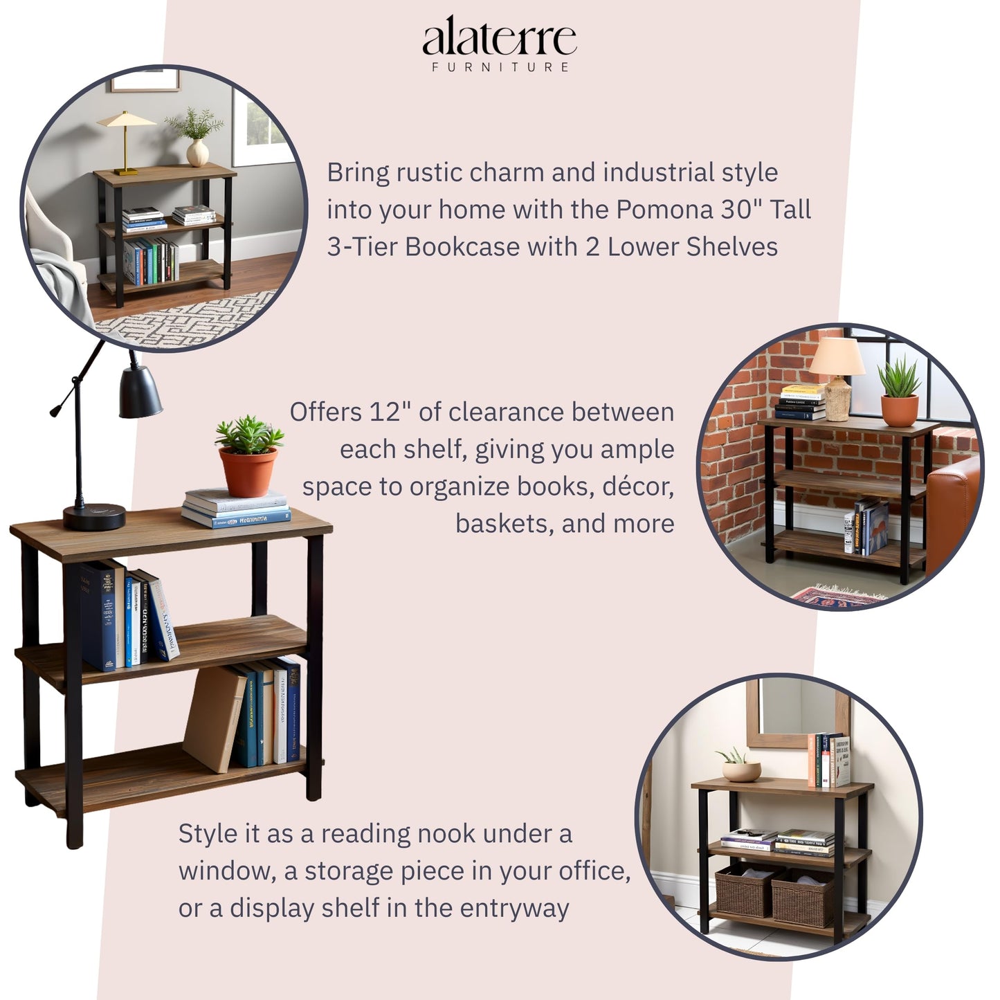 Alaterre Furniture Pomona Living Room 3-Tier Solid Wood Under-Window Bookshelf with Metal Frame – Rustic Industrial Modern Living Room Bookcase (Rustic Brown)