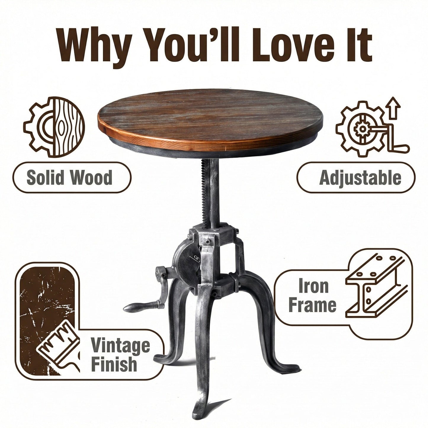 Topower Industrial Retro Side Table Antique Mechanic DIY Crank Height Ajustable Cast Iron Three-Legged Farmhouse Accent End Table Silver