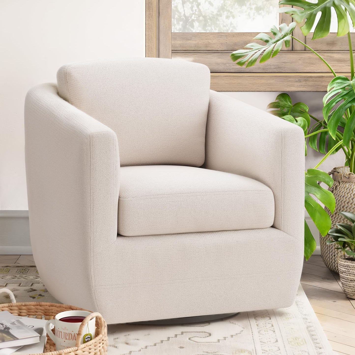 MALOL 360° Swivel Accent Chair Set of 2 with Pillow - Comfy Living Room Armchair No-Sag Foam & Sturdy Metal Base, Fully Assembled Swivel Accent Single Sofa for Bedroom Living Room, Office, Beige
