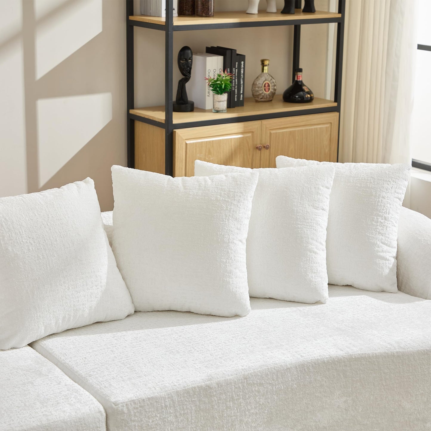 Sectional Sofa, Curved Cloud Sofa Couch, Chenille Full Sponge Chaise for Living Room, Apartment (Beige, 110 Inch)