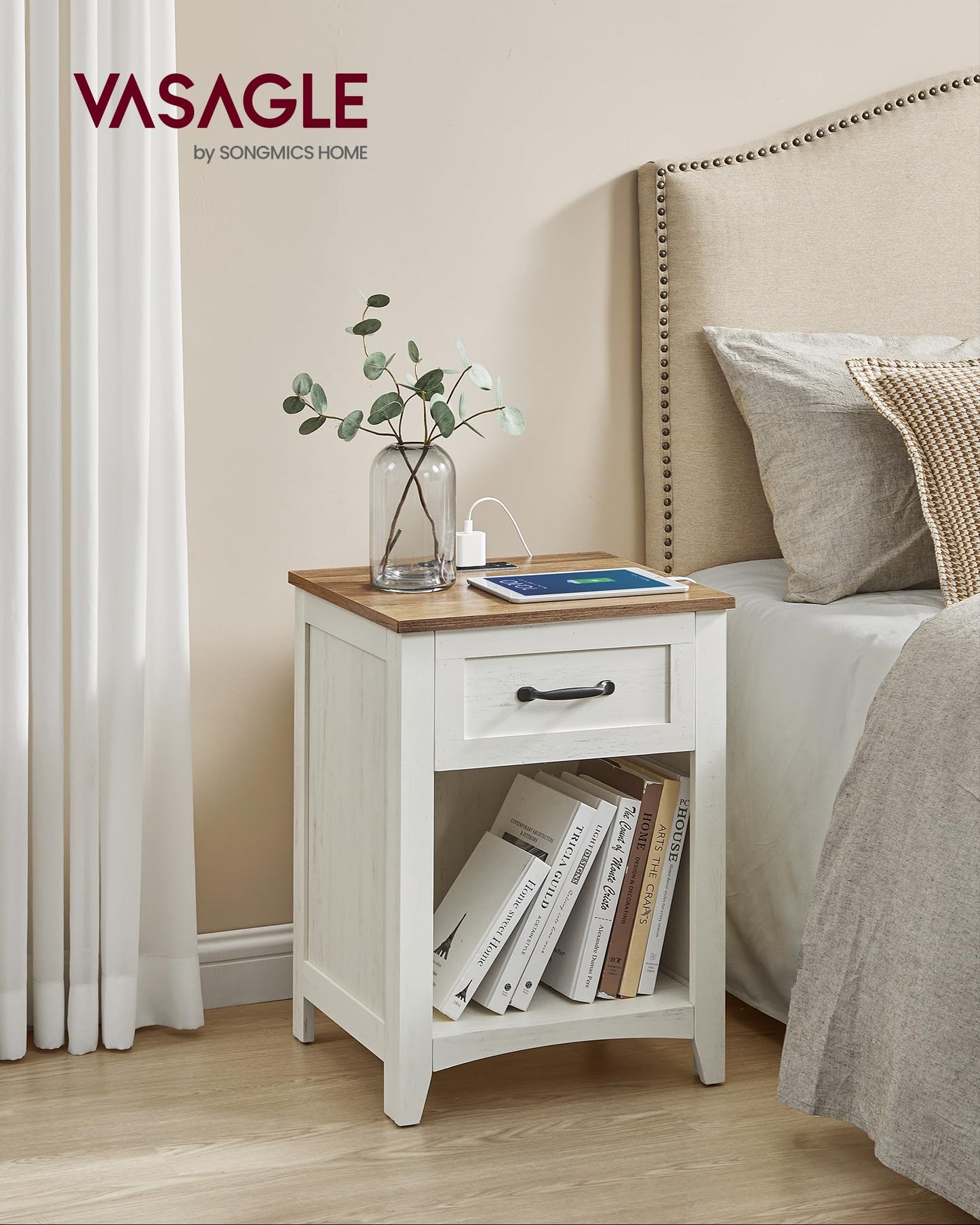 VASAGLE LIRY Collection - Farmhouse Nightstands with Charging Station, Set of 2 Bedside Tables, Side Tables with Drawer, Open Compartment, for Bedroom, Rustic White and Honey Brown ULET859K41