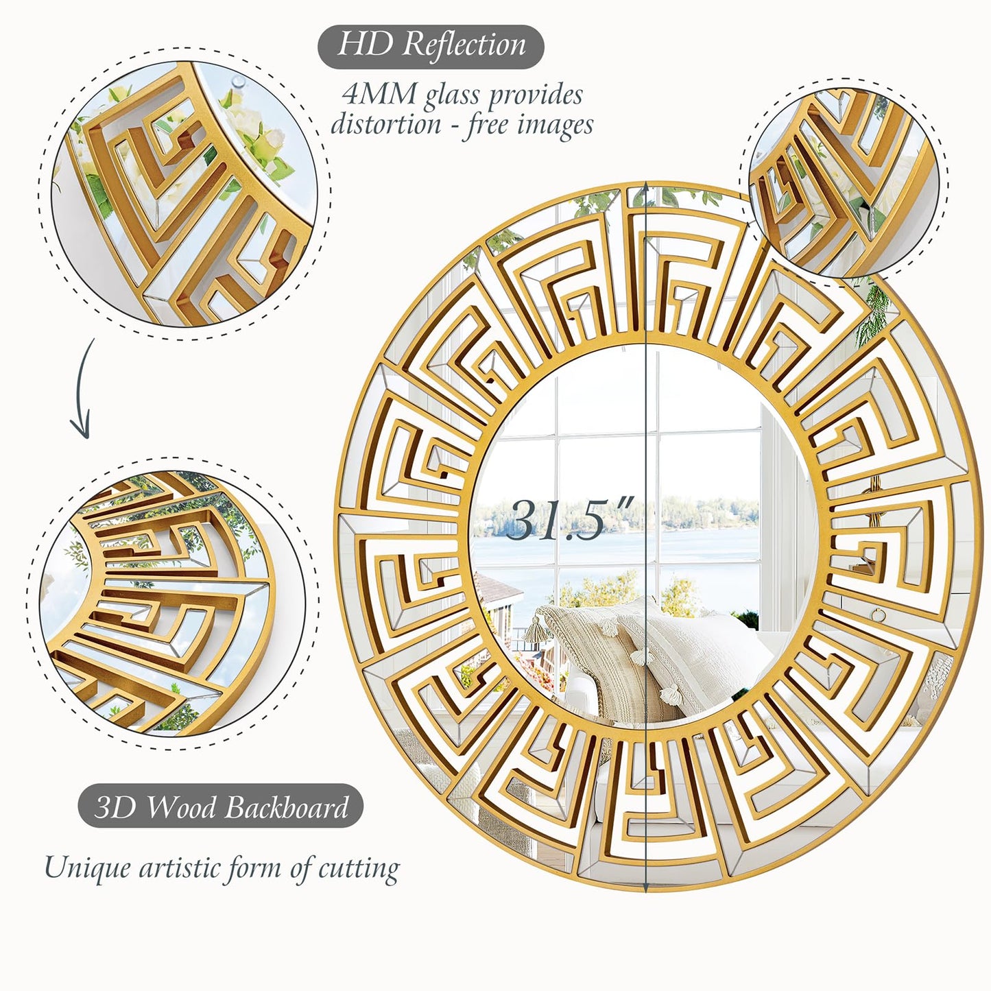 Autdot 31.5"x31.5" Gold Round Mirror with Decorative Geometric Pattern, Accent Wall Mounted Mirror for Modern Living Room, Dining Room, Bedroom, Entryway