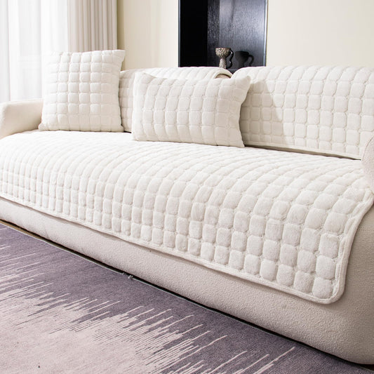 MDSASFD Velvet Couch Cover, Washable Sectional Sofa Cover, Anti Slip Sofa Slipcover for 3 Cushion Couch Sofa L Shaped Armrest Backrest, Furniture Protector Covers for Pets Kids(White, Only 1 PCS)