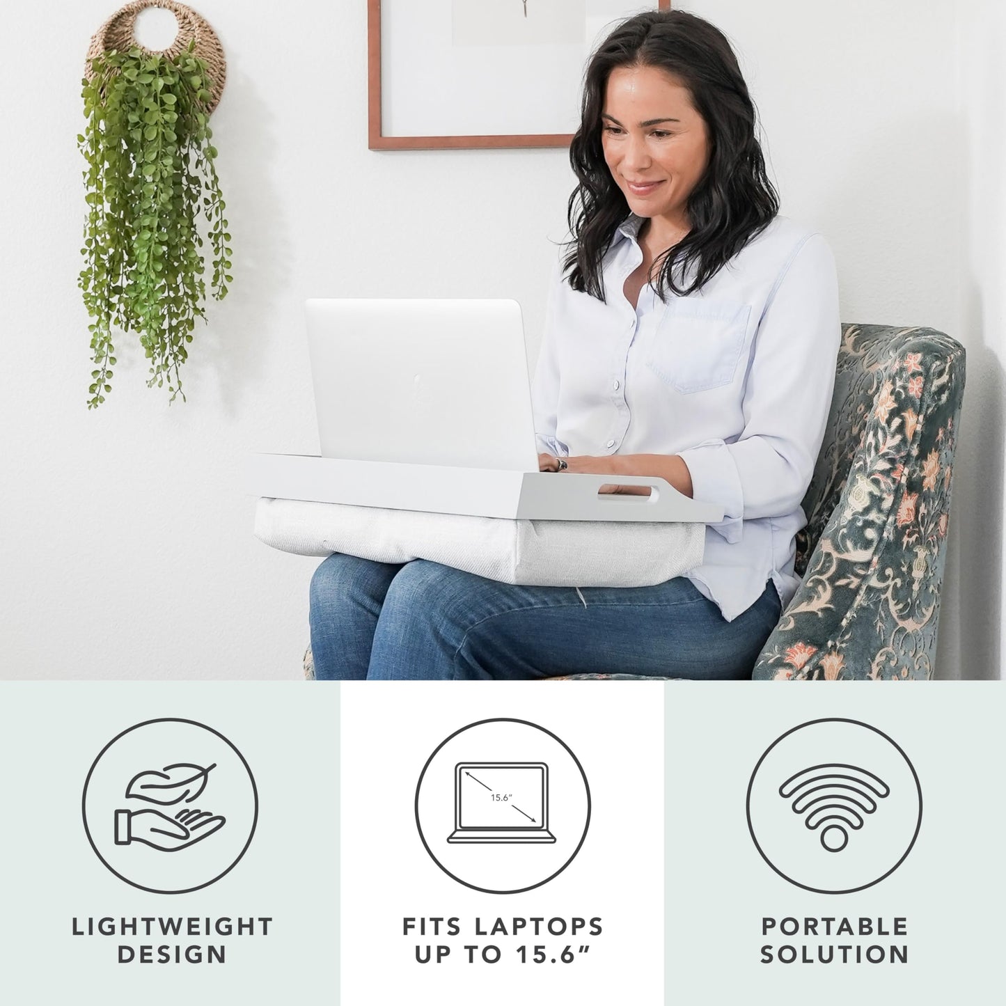 ROSSIE HOME Wood Bed Tray Lap Desk with Detachable Cushion, Serving Tray - Soft White - Fits up to 15.6 Inch Laptops - Style No. 76101