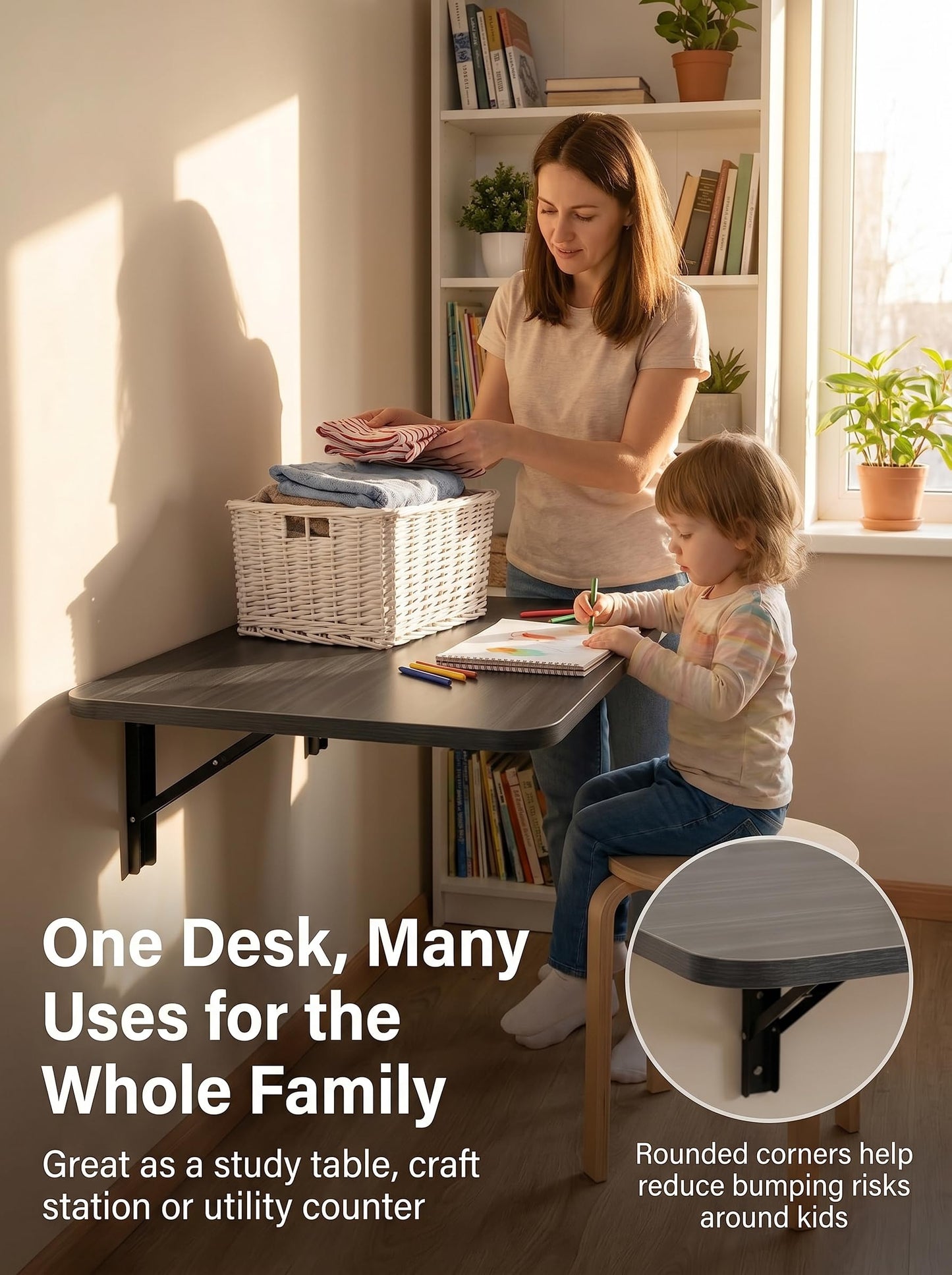DAZIMOU 31" x 22.8" Wall Mounted Folding Desk, Floating Shelf Storage Table with Foldable Stand for Folding Tables for Balcony, Laundry, Kitchen, Home Office, Bedroom & Living Room (Grey)