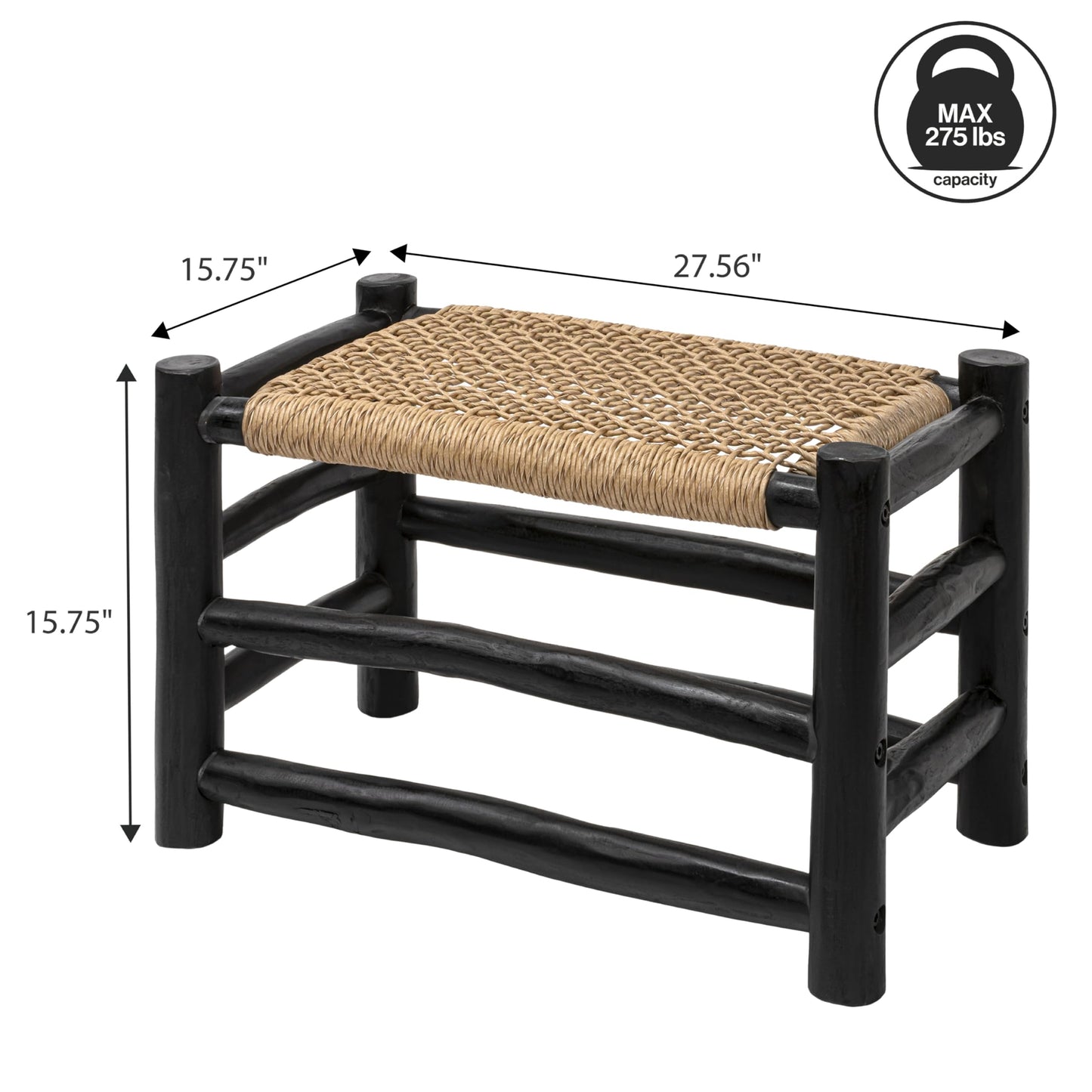JONATHAN Y Chuck Bohemian Teak Wood Indoor Outdoor Accent Stool, 28" Handcrafted Backless Bench with Woven Synthetic Rattan Seat, Black Finish for Patio, Living Room, or Entryway STL3001B