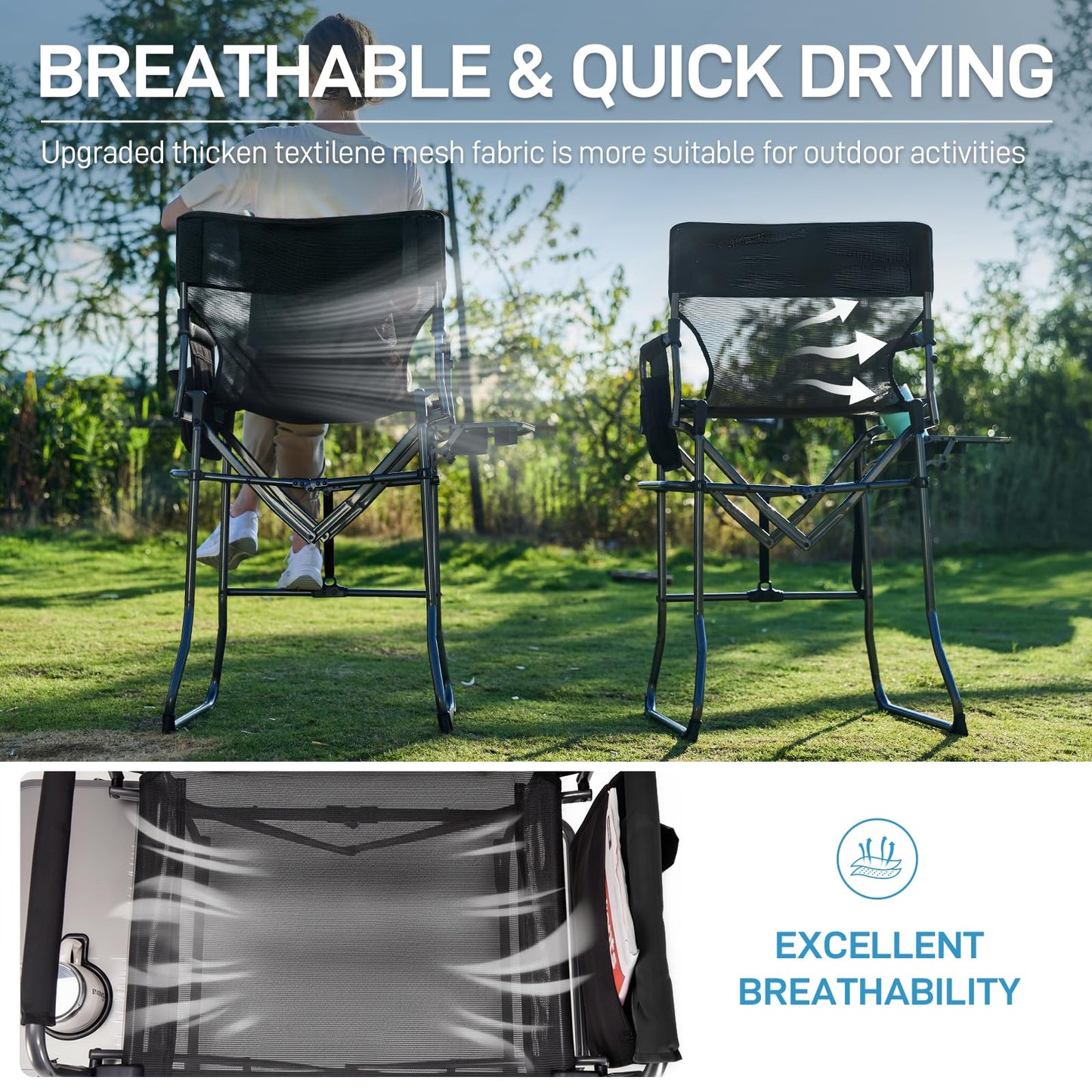 EVER ADVANCED Portable 30.7" Seat Height Tall Folding Camping Chair Directors Chair High Foldable Bar Stool with Side Table for Makeup Artist, Sports Event, Craft Show, Textilene Mesh, Supports 350LBS