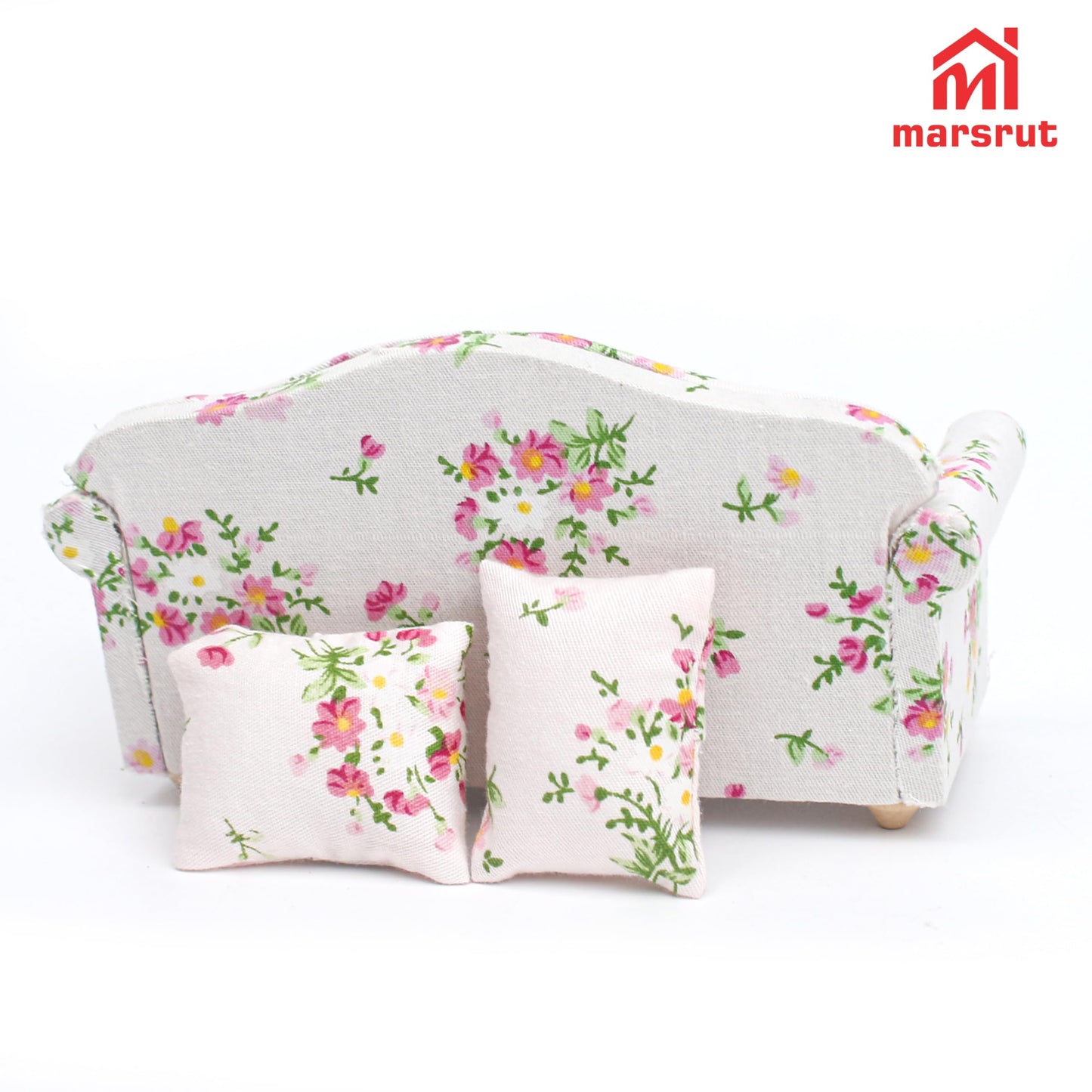 1:12 Scale Dollhouse Couch Sofa Set with Pillows for Living Room, Mini Wooden Upholstered Armchair Furniture Model, Modern High Simulation Fabric Artificial Scene Decoration Accessories, Pink Floral