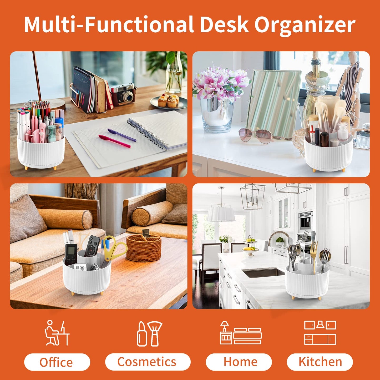 EDENMS Desk Pencil Pen Holder, 5 Slots 360°Degree Rotating Pen Organizers for Desk, Desktop Storage Stationery Supplies Organizer, Cute Pencil Cup Pot for Office, School, Home, Art Supply, White