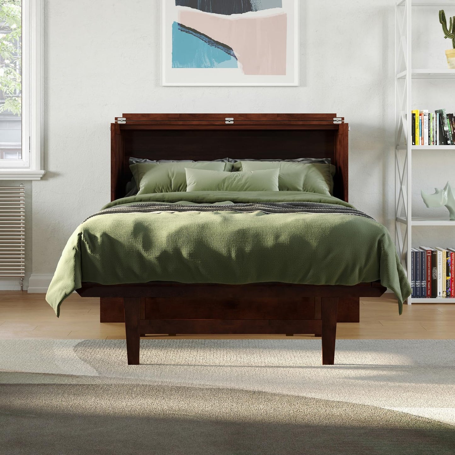 HomeStock Full Murphy Bed Desk with 6" Mattress & Built in Charger in Walnut