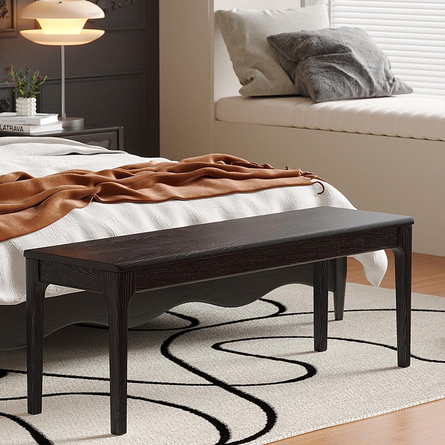 MU RONG Dining Bench, Wood Bench Solid Oak Wooden Bench Indoor Dining Room Table Home Bedroom Bed End Restaurant Modern Hallway Furniture (Black, 31.5" W x 13.8" D x 17.7" H)