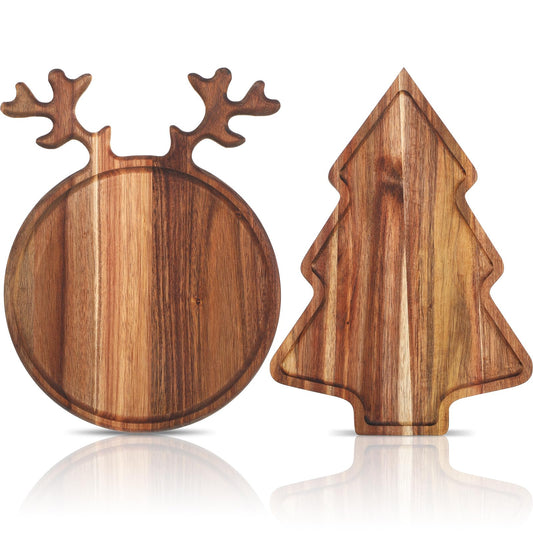 Umigy 2 Pcs Christmas Charcuterie Boards Christmas Tree Wooden Cutting Board with Handle Antler Acacia Wood Cute Cutting Board for Cheese Fruit Bread Salad Vegetables Snack Dessert