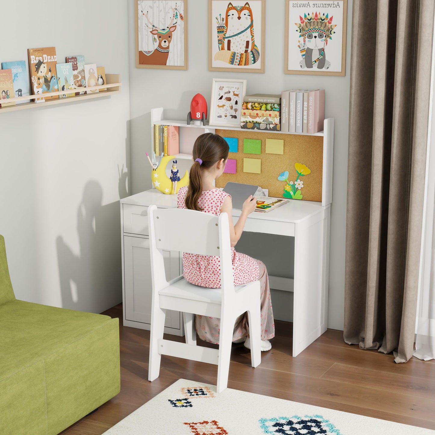 Kids Study Desk with Chair, Kids Desk Chair Set for 5-12 Years Old, Children Wooden Study Table with Hutch & Storage Cabinet, Student Writing Table Computer Workstation for Girls and Boys, White