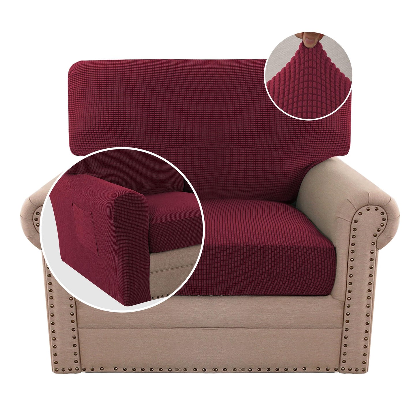 H.VERSAILTEX Multi-Pieces Chair Covers Stretch Couch Covers Form Fitted Seat and Back Cushions Covers (1 Seat Cover Plus 1 Back Cusion Cover, Bonus 2 Armrest Covers), Burgundy