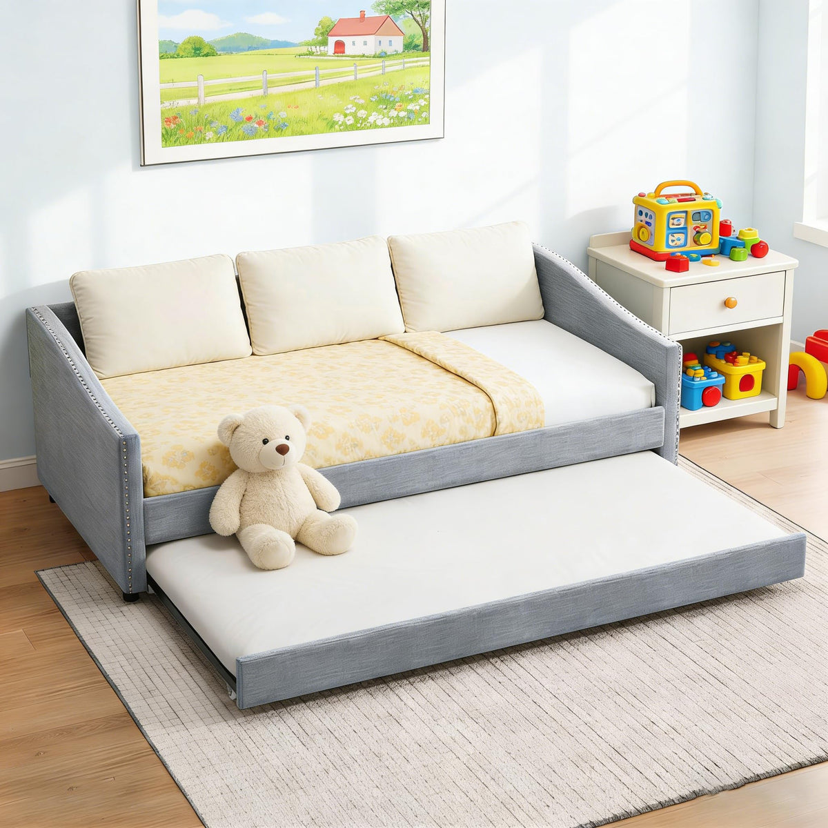 FAVSH Upholstered Daybed with Trundle, Twin Size Day Bed w/Button-Tufted Back and Piping on Waved-Shape Arms for Bedroom or Guest Room, No Box Spring Required, Light Gray