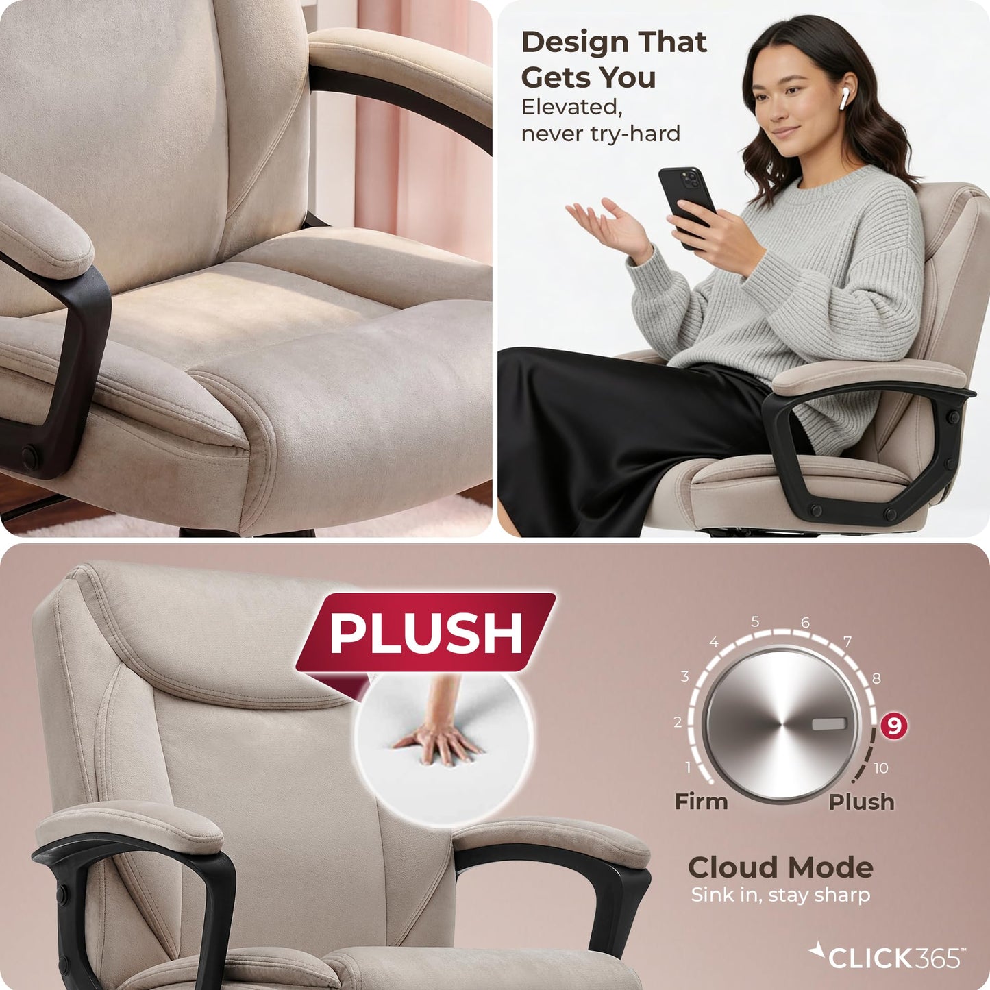 Click365 Transform 1.0 Ergonomic Office Chair, Mid Back Desk Chair with Padded Arms, Lumbar Support, Adjustable Height, Tilt Recline, Swivel Computer Chair, Fabric, Beige