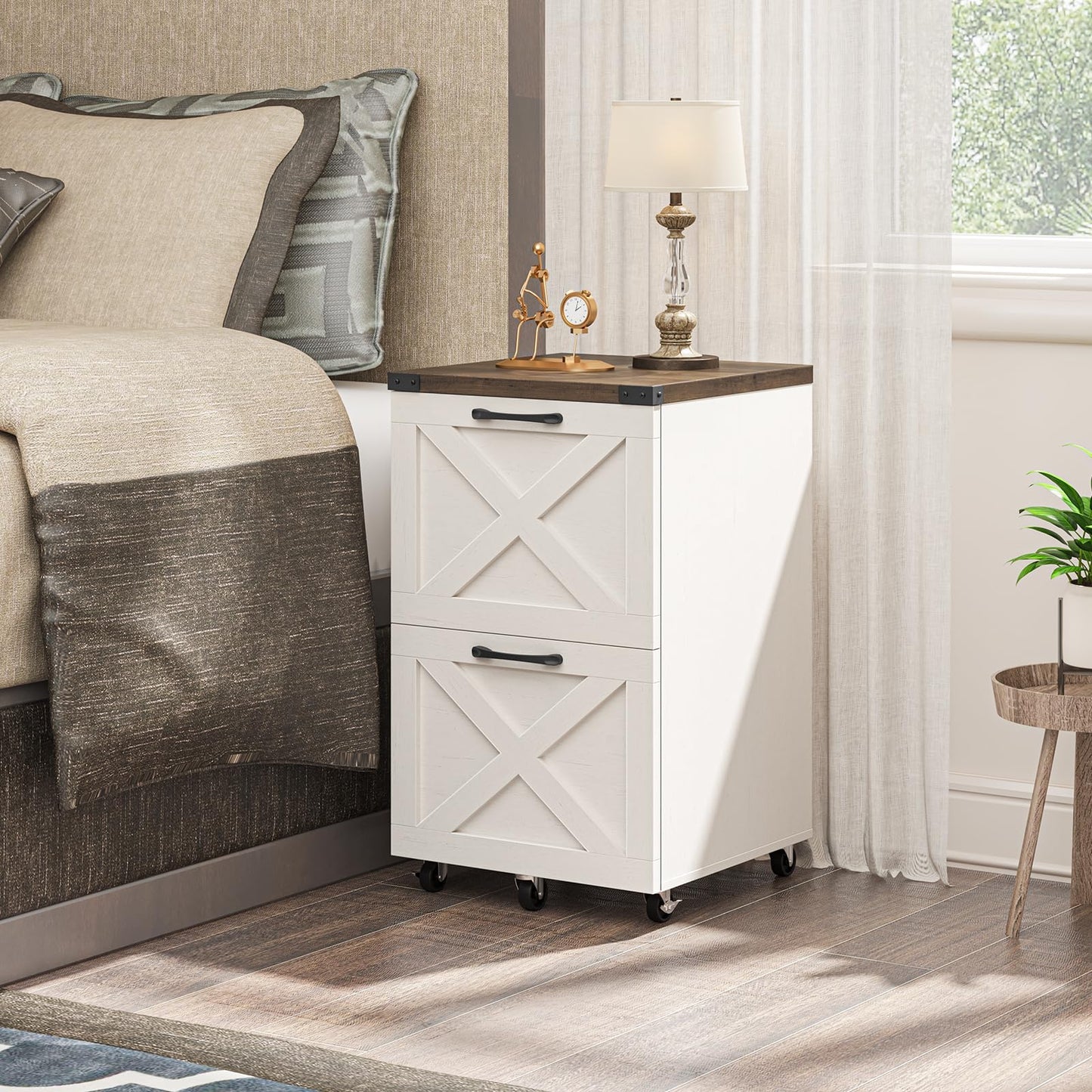 Halitaa 2 Drawer Small File Cabinet with Wheels, Farmhouse Vertical Filing Cabinet Fits A4/Letter Size, Under Desk Rolling File Cabinets for Home Office, Wooden Printer Stand, Rustic White