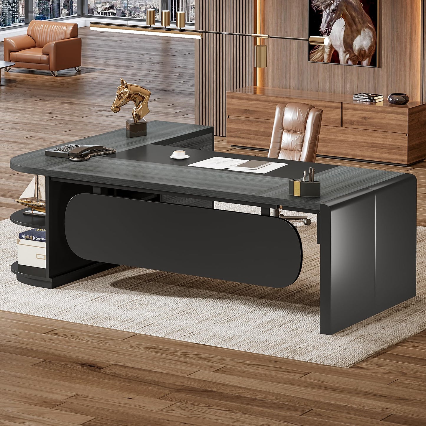Tribesigns 80'' L-Shaped Desk, Large Executive Office Desk with 55'' Drawers Cabinet, Modern Commercial Office Table with Storage Shelves, Business Furniture for Home Office, Grey & Black