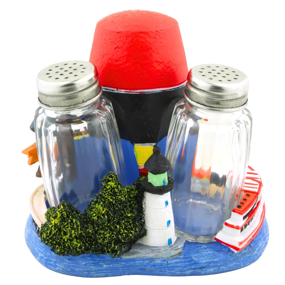 Key West Collage Salt and Pepper Shaker Holder Set with Glass Shakers, Tabletop Accessory for Kitchen, 4.5 Inches