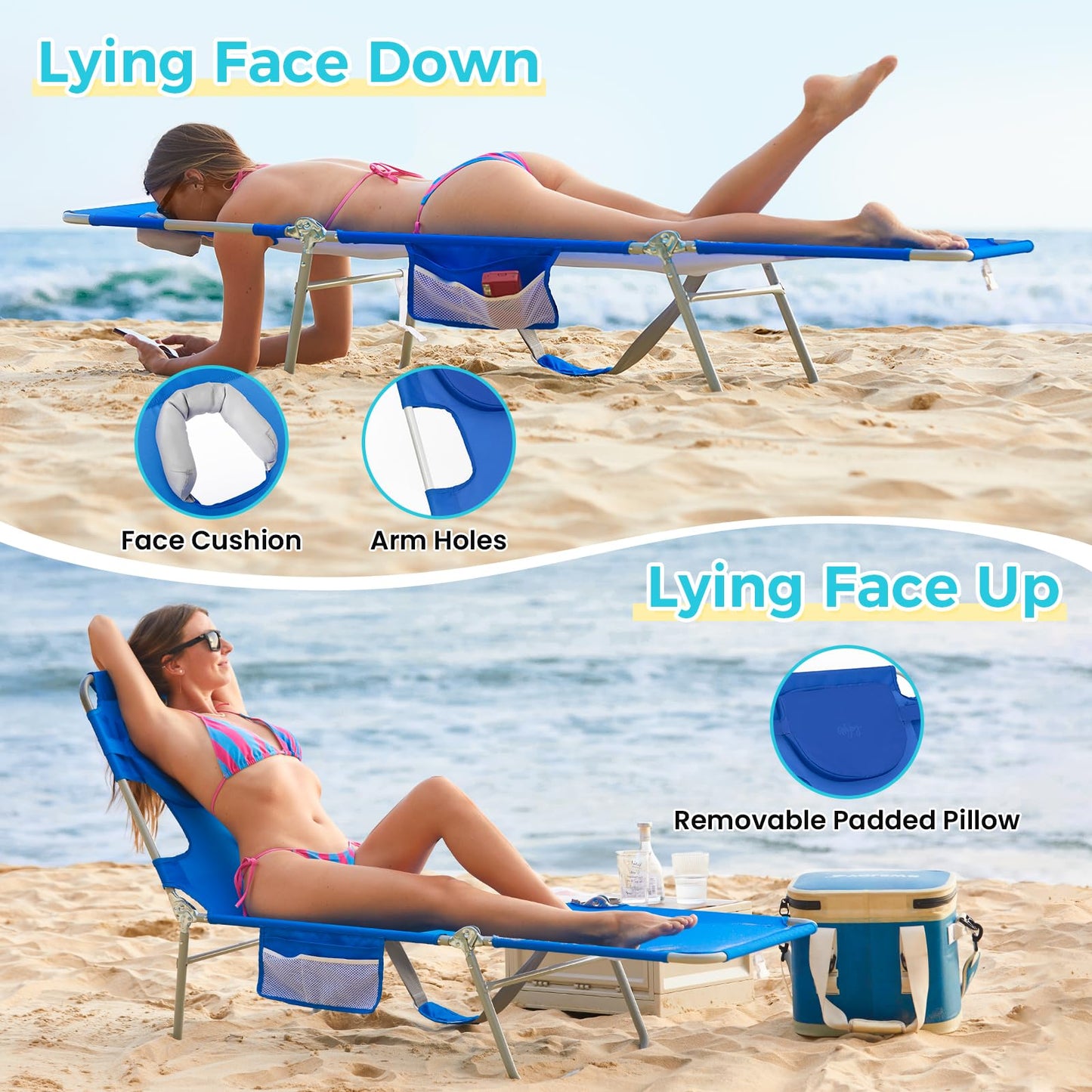 #WEJOY Folding Tanning Chair with Face Hole, 5-Position Face Down Beach Lounge Chair for Sunbathing, Lightweight Portable Outside Recliner with Side Pocket & Shoulder Straps for Pool, Patio, Blue