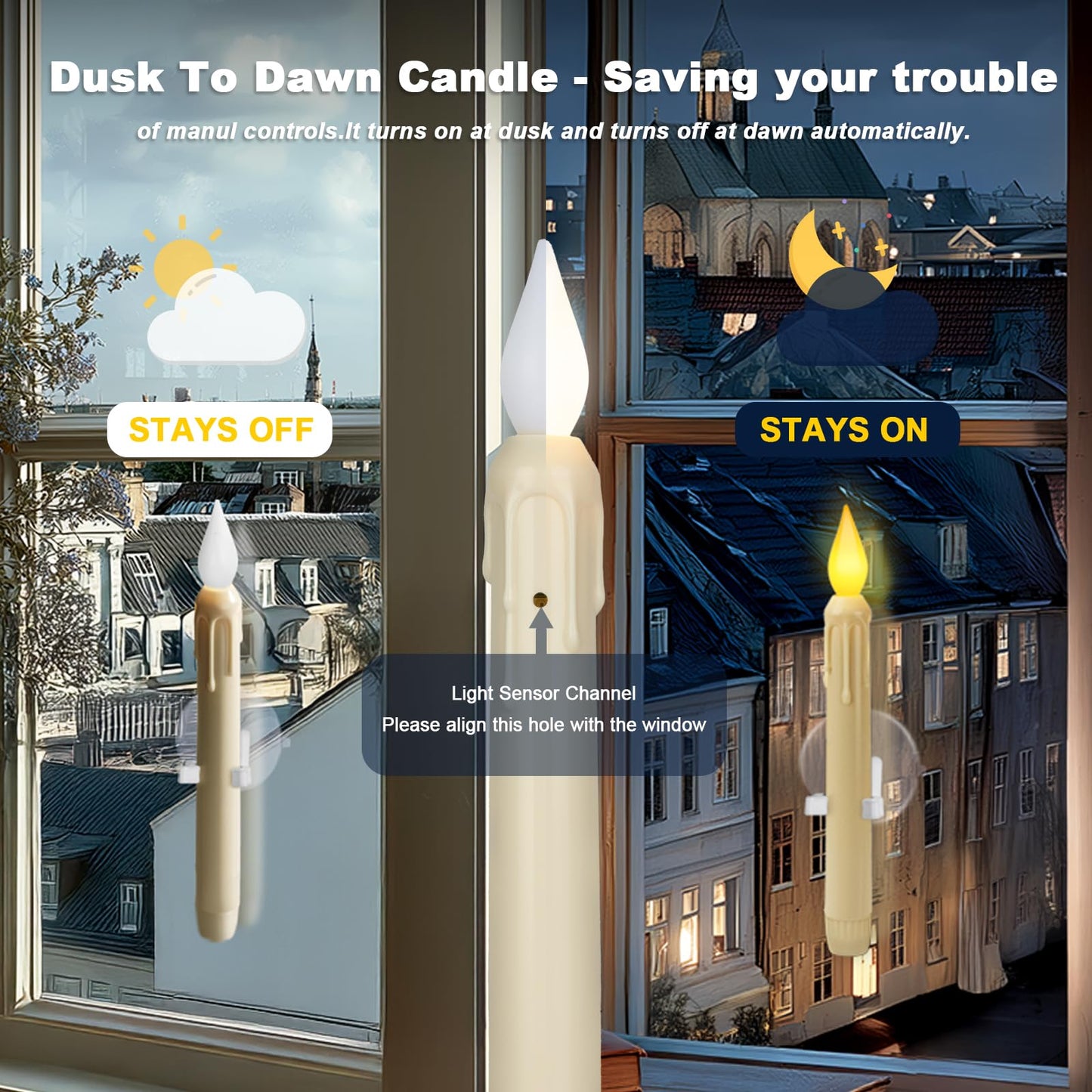Meigic 6 Pcs Sensor Dawn to Dusk Window Candles, Flickering Battery Candles for Windows, Ultra Bright Fake Candle Lights with Suction Cup, Led Candlesticks for Xmas Home Decor, Warm Yellow Light