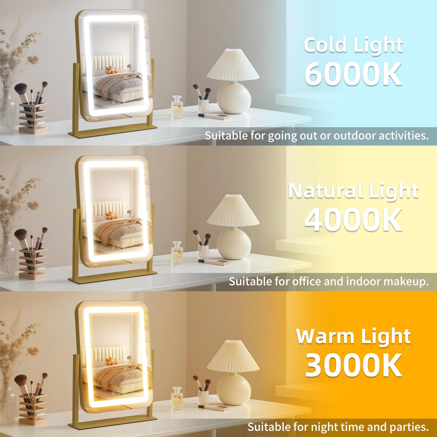 Vanity Mirror with Lights,13.1"×16.7"LED Makeup Mirror,Lighted Makeup Mirror with Lights, Smart Touch Control Dimmable 3 Modes Light, Lighted Up Mirror for Makeup Desk, Bedroom, Dressing Room
