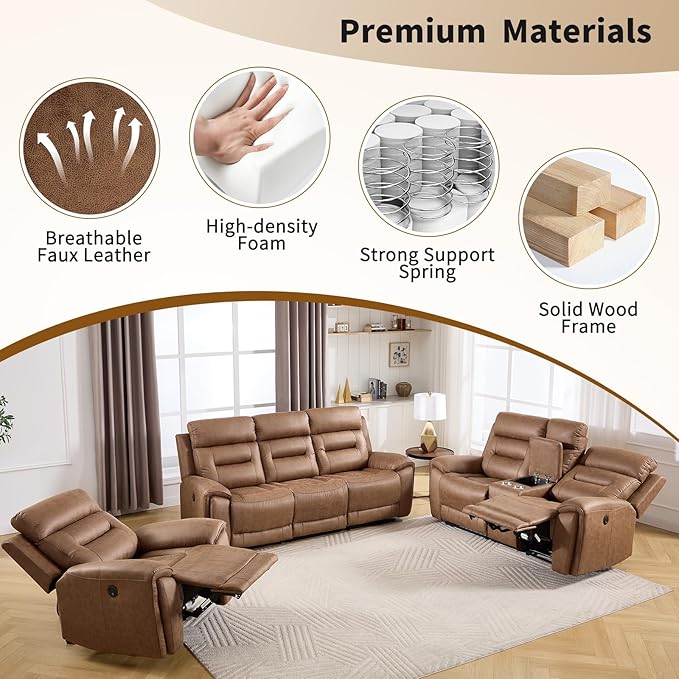 ANJ Power Oversized Reclining Sofa Couch, Breathable Faux Leather 3-Seater