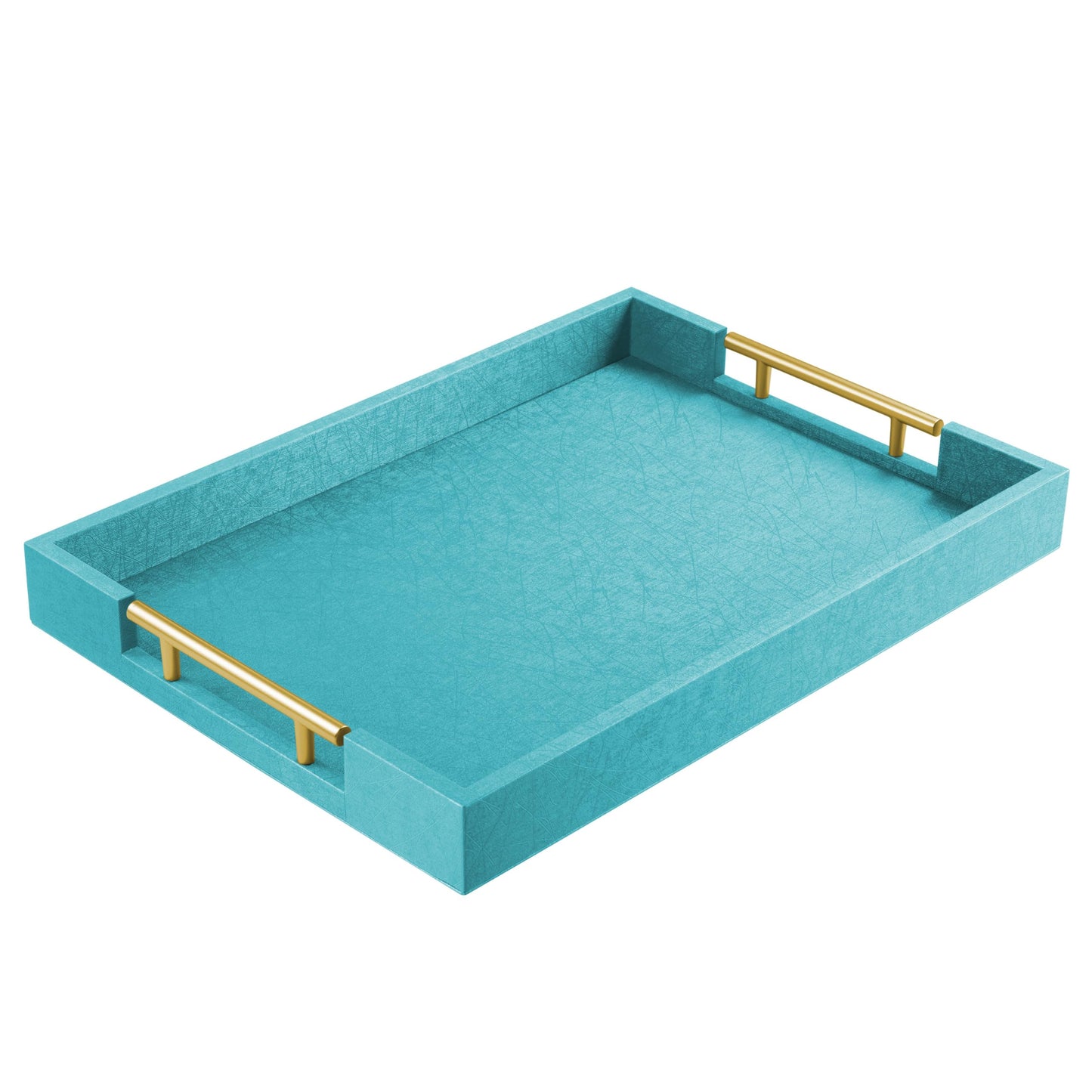 17" x 12" Wood Serving Tray with Gold Polished Metal Handles, Home Decorative Wooden Rectangle Ottoman Leather Decor Platter Bathroom Vanity Tray for All Occasions Blue