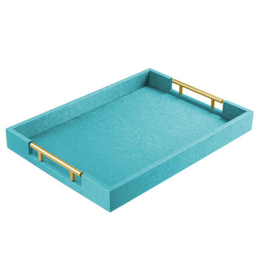 17" x 12" Wood Serving Tray with Gold Polished Metal Handles, Home Decorative Wooden Rectangle Ottoman Leather Decor Platter Bathroom Vanity Tray for All Occasions Blue