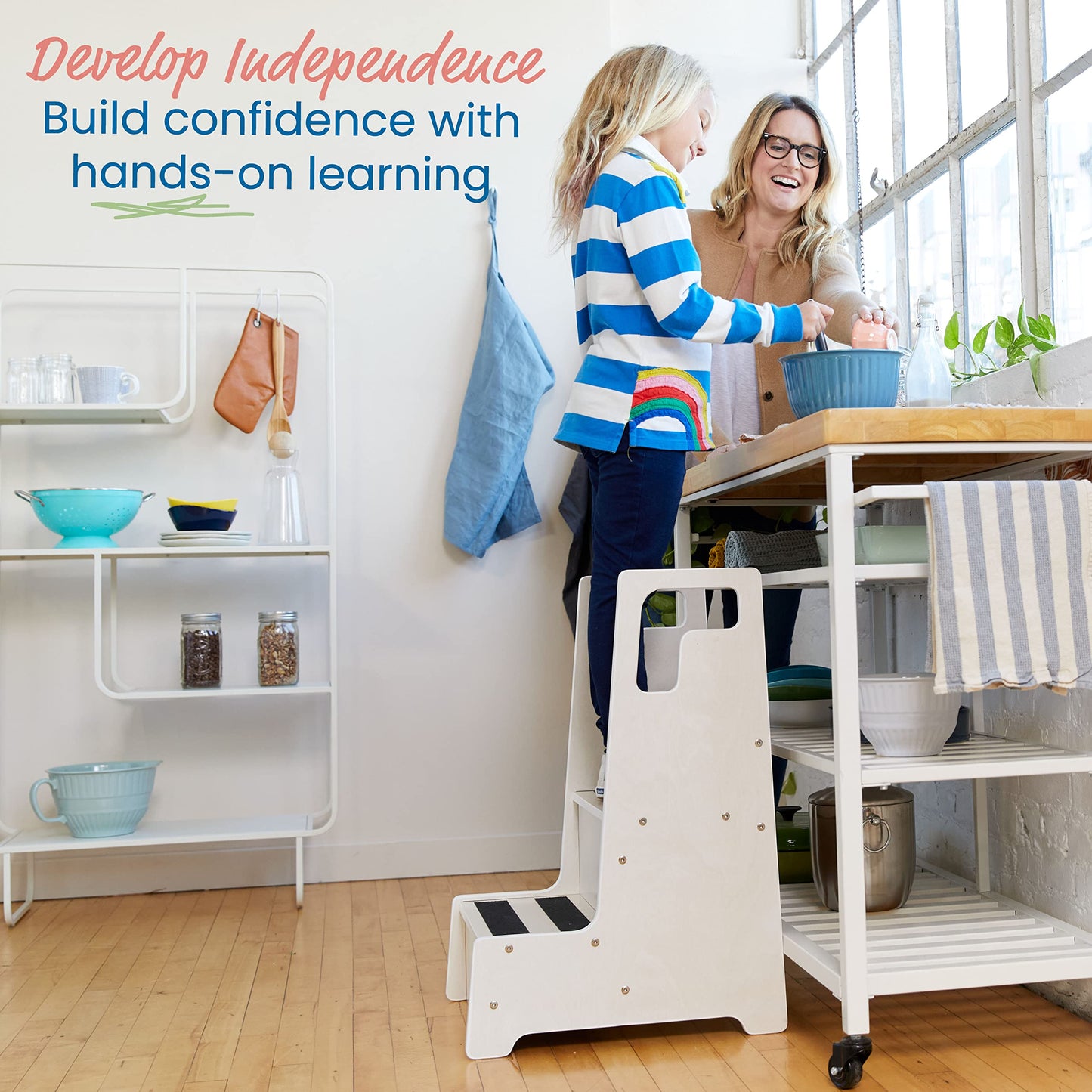 ECR4Kids Reach-Up Step Stool with Handles, Kids Furniture, White Wash