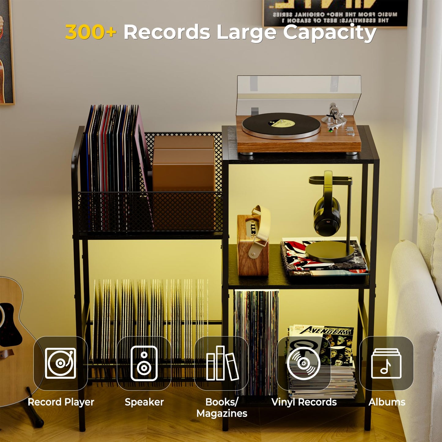 Nidouillet Record Player Stand with LED Light, Turntable Stand with Vinyl Storage for 300+ Albums, 3-Tier Media Cabinet with Adjustable Shelf, Mesh Fences & V-Shaped Holder, for Living Room & Bedroom