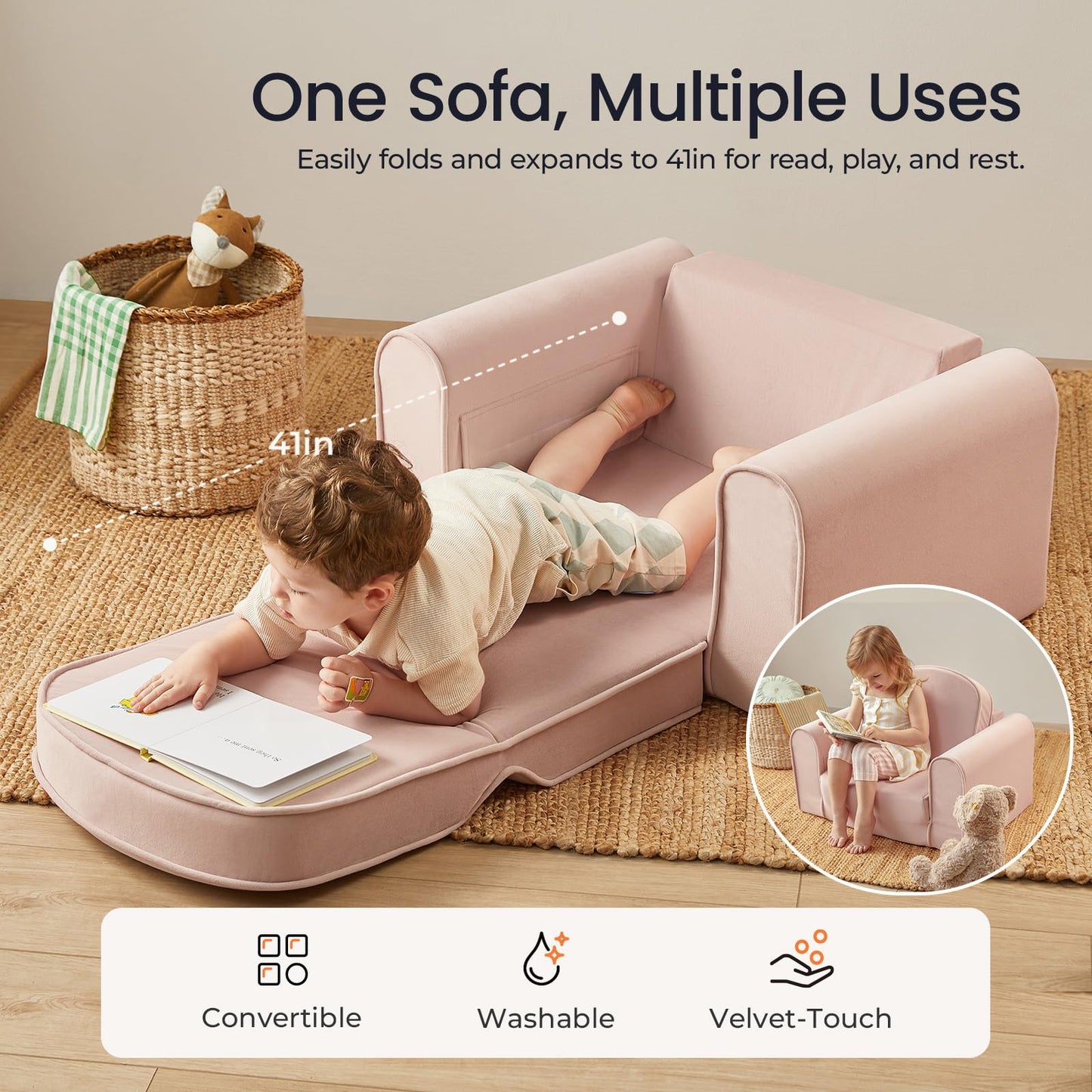 Tiny Land 2-in-1 Foldable Kids Couch with Pockets – Soft Thick Toddler Sofa, Convertible Kids Chair for Playroom, Bedroom or Living Room, Gift for Boys & Girls (Pink)