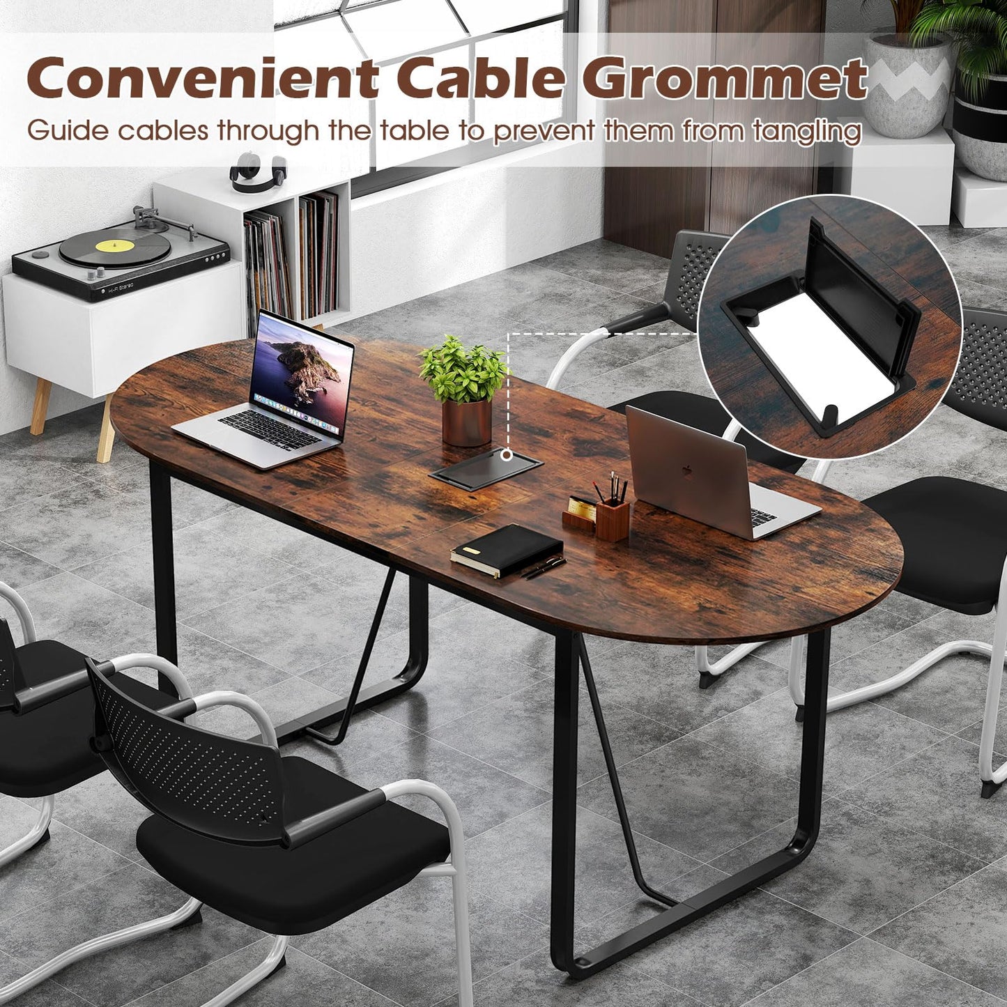 Giantex 71" Conference Table, Large Oval Meeting Table with Cable Management Grommet, Sturdy Metal Legs, Industrial Business Training Seminar Desk for Office Conference Room Boardroom