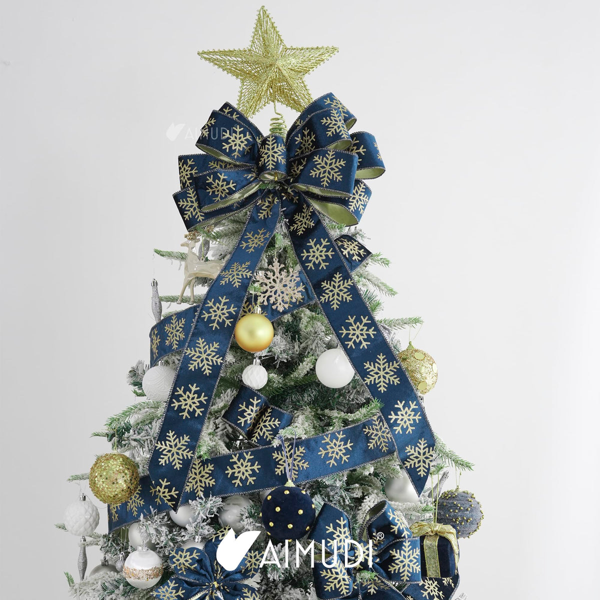 AIMUDI Navy Blue Velvet Ribbon 2.5 Inch Navy and Gold Snowflake Christmas Wired Ribbon for Gift Wrapping, Wreaths, Christmas Trees, Garlands, Holiday Crafts, Topper Bows, Home Decor 10 Yards