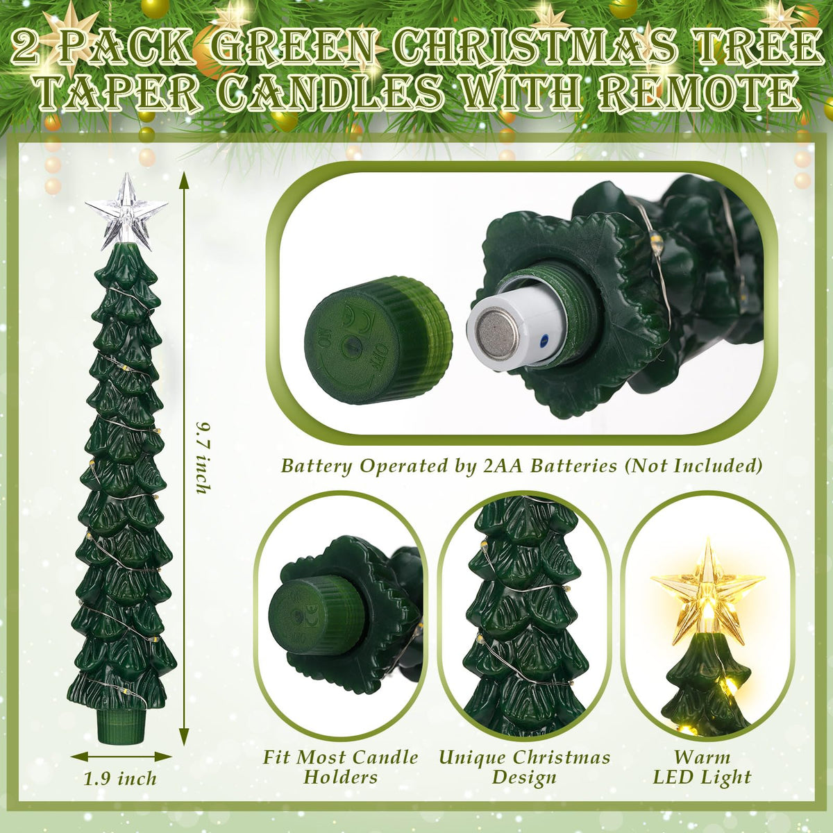 Tujoe 2 Pcs Green Christmas Tree Candles with Remote Flameless Taper Candles Flickering Led Xmas Candlesticks Battery Operated 3D Wick Warm Light for Holiday Winter Table Centerpiece Decorations