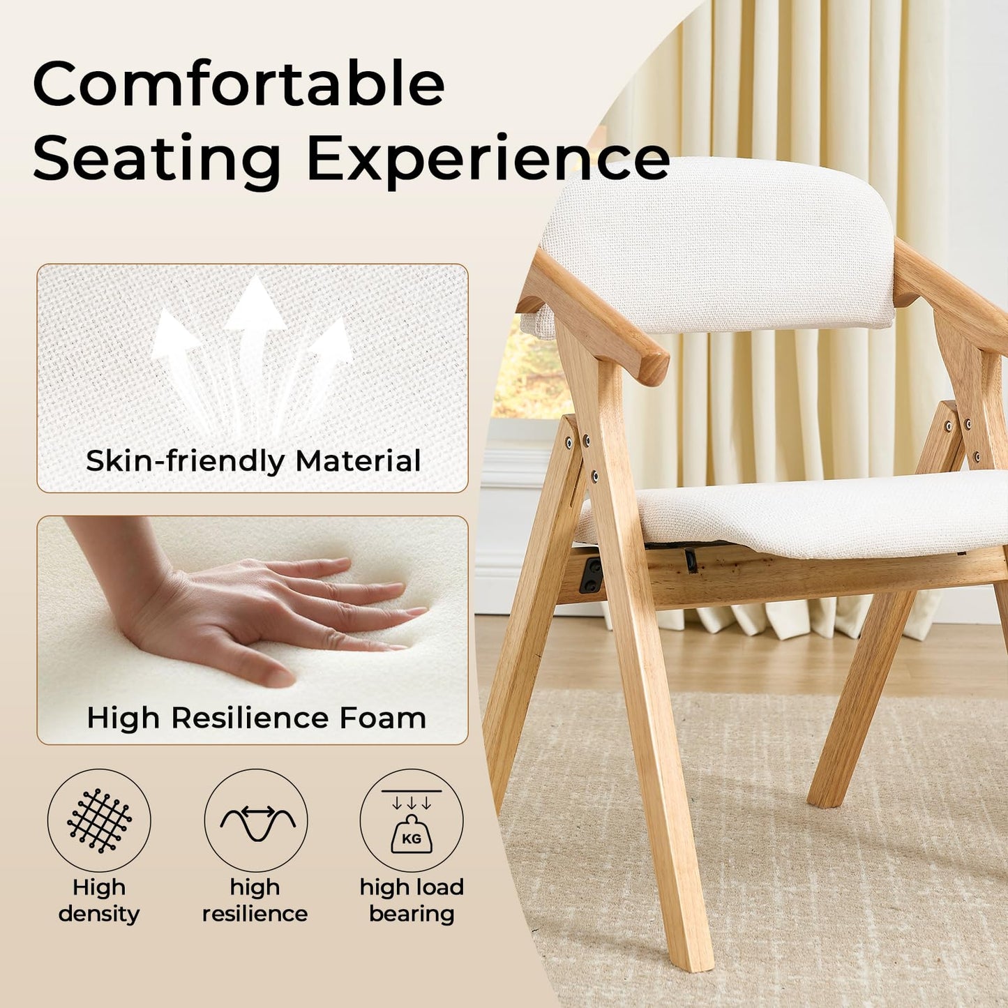 SinFurn Grod Folding Chairs with Padded Seats,Wooden Stackable Dining Chair,Easy to Store Foldable Dining Chairs for Kitchen, Living Room, Wedding Party Picnic (White)
