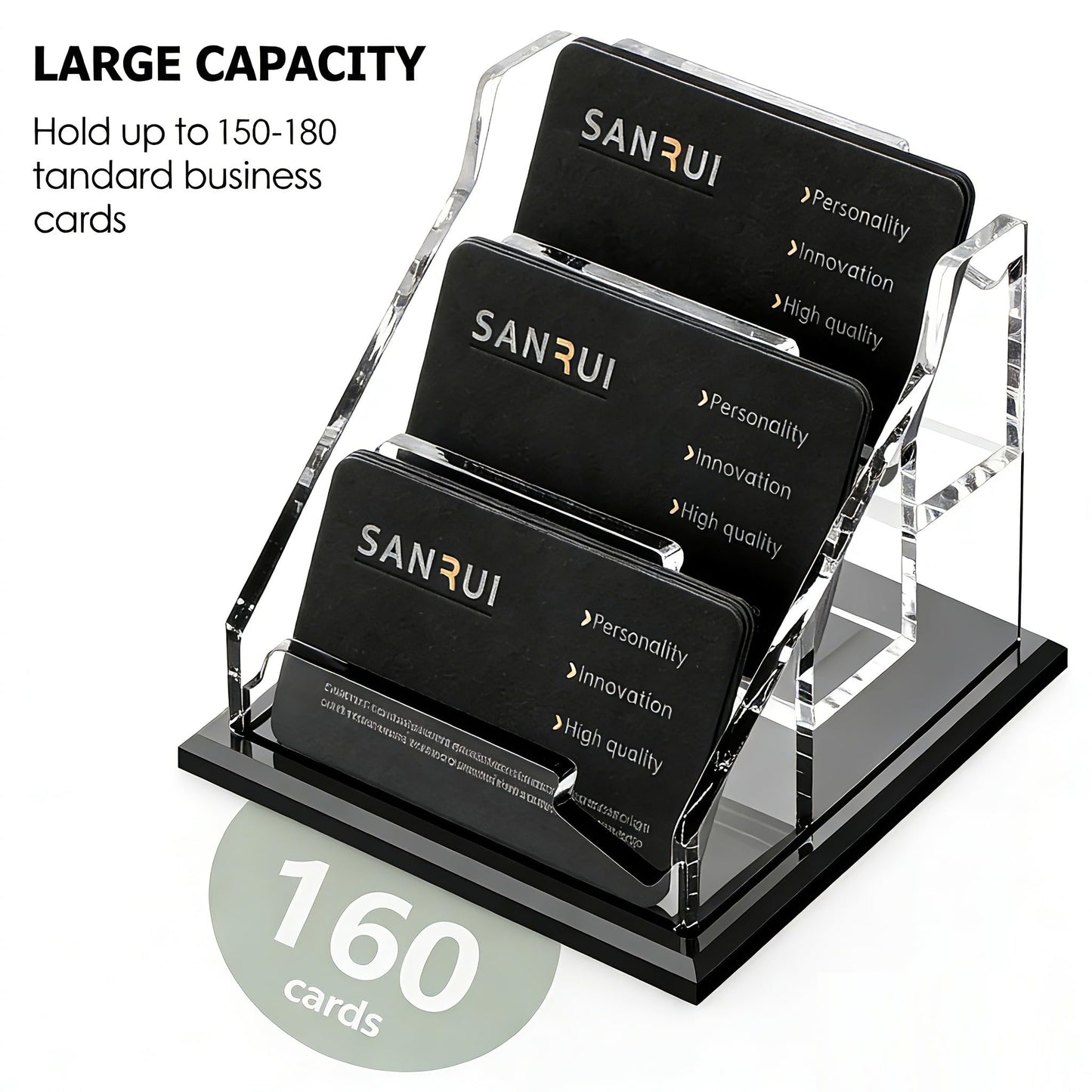 SANRUI Clear Acrylic Business Card Holder, 3-Slot Desktop Business Card Display Stand with Stable Widened Black Base, Desk Accessories Workspace Organizer for Office Reception Trade Show