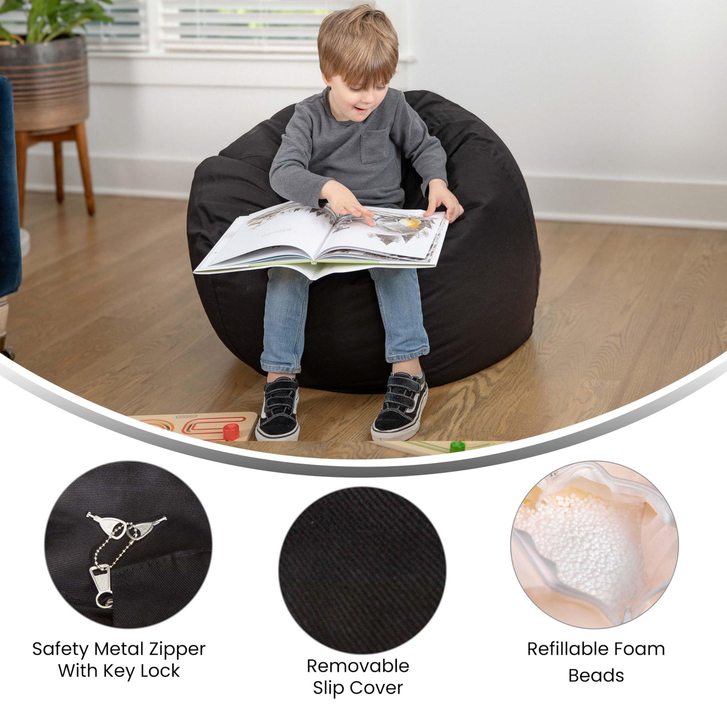 Flash Furniture Dillon Small Solid Black Bean Bag Chair for Kids and Teens