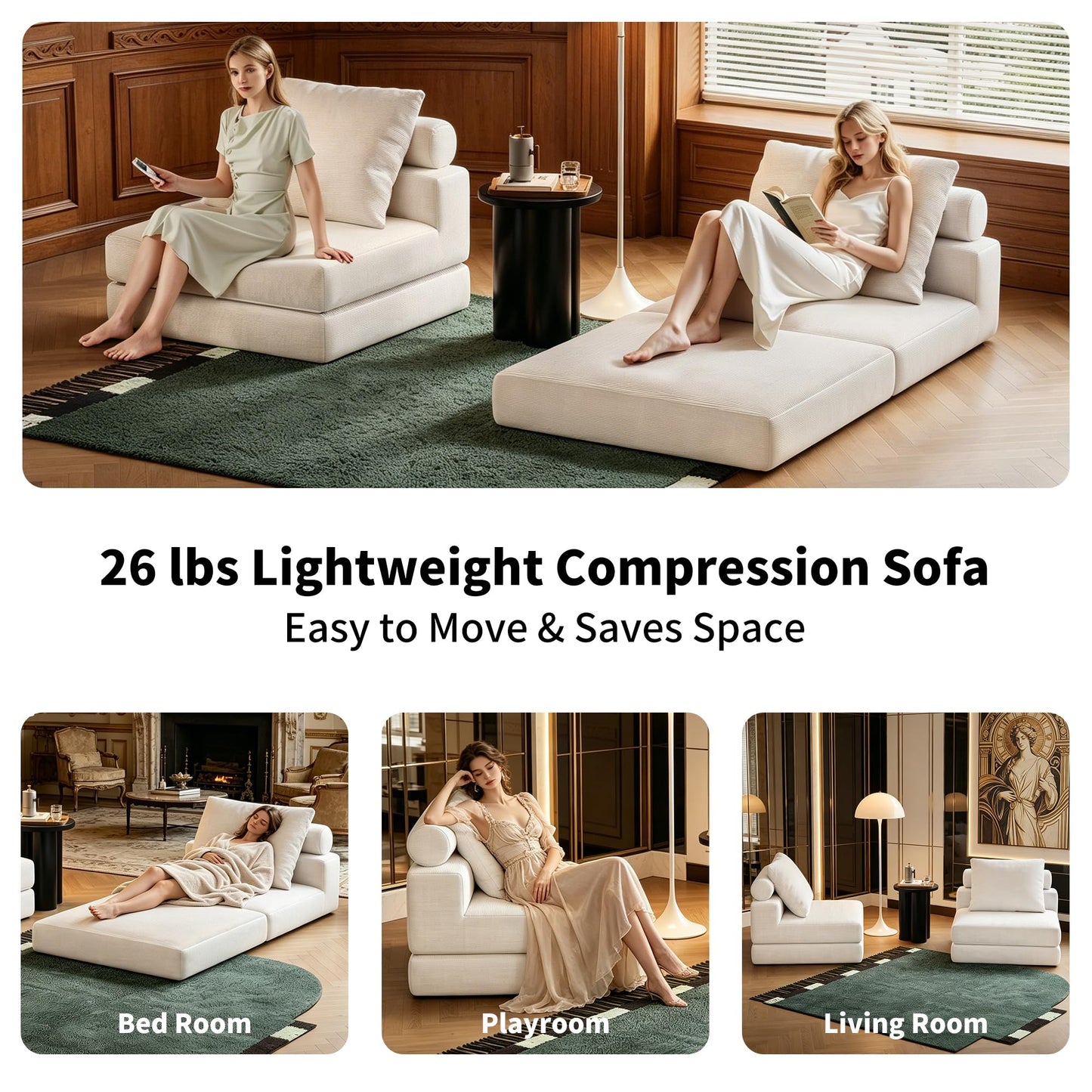 Folding Sofa Bed, Convertible Sleeper Chair with Memory Foam, Pillow & Back Support – Boneless Foldable Futon Couch, Floor Mattress Single Size Lounge for Living Room, Guest Room or Home Office