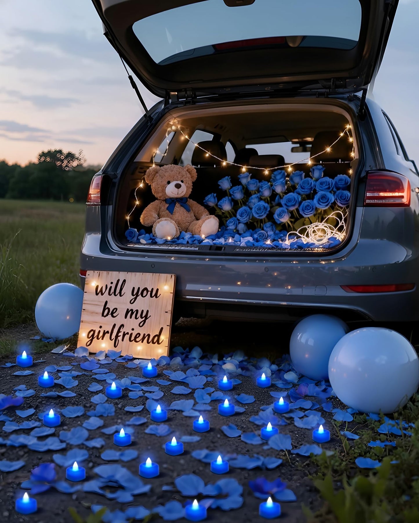 Amagic 4000 Pieces Blue Artificial Rose Petals with 50 Blue Heart LED Tea Lights, Rose Petals and Candles Set for Proposal, Anniversary, Romantic Night, Wedding Decor