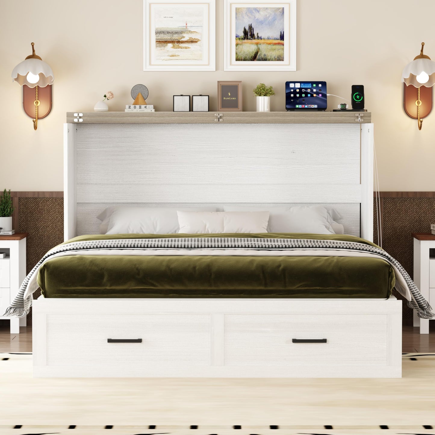 BOVTE White Farmhouse Queen Murphy Cabinet Bed with Charging Station, Foldable Platform & Large Storage Drawer for Guest Rooms