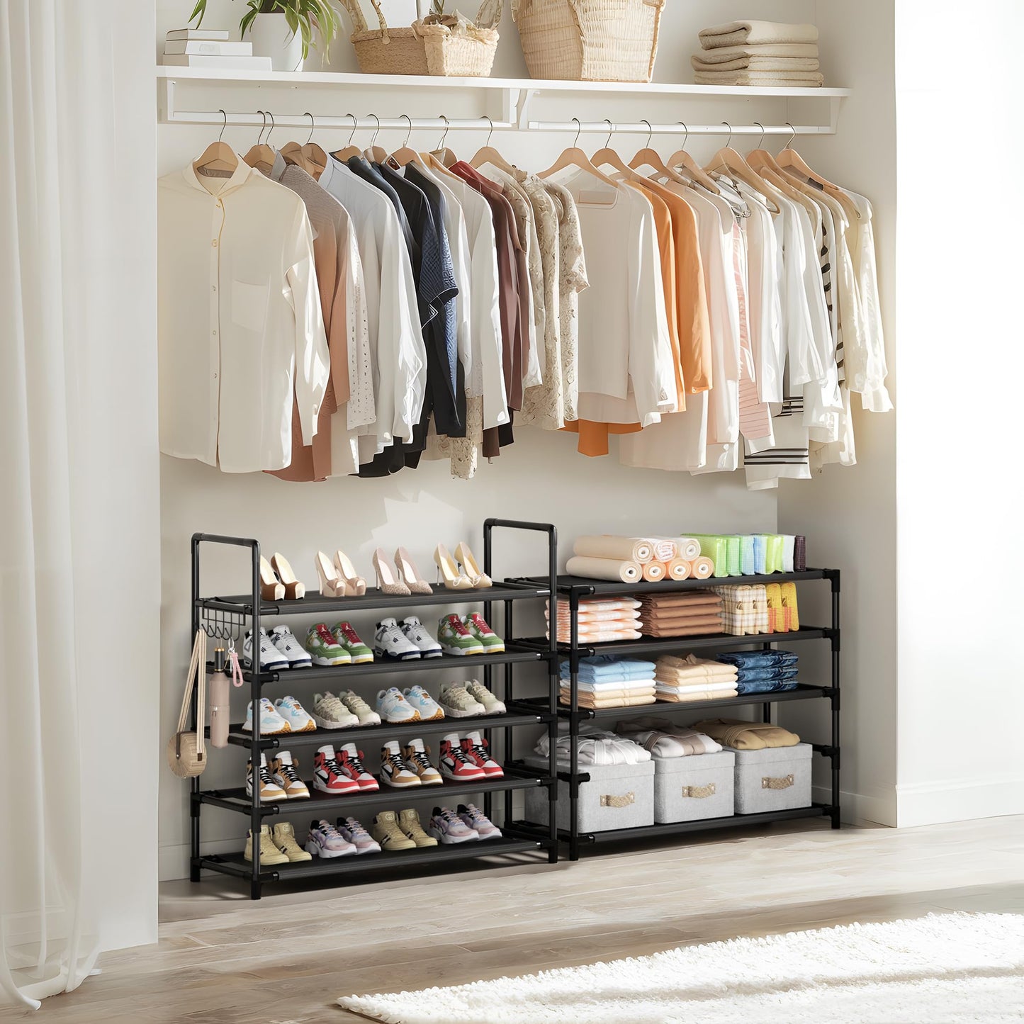 SRRSO Shoe Rack, 10 Tier Shoe Storage Organizer with Hooks,Fit 40-45 Pairs Shoes,Nonwoven Fabric Tall Shoe Shelf for Closet,Entryway, Hallway,Garage,Bedroom,Cloakroom