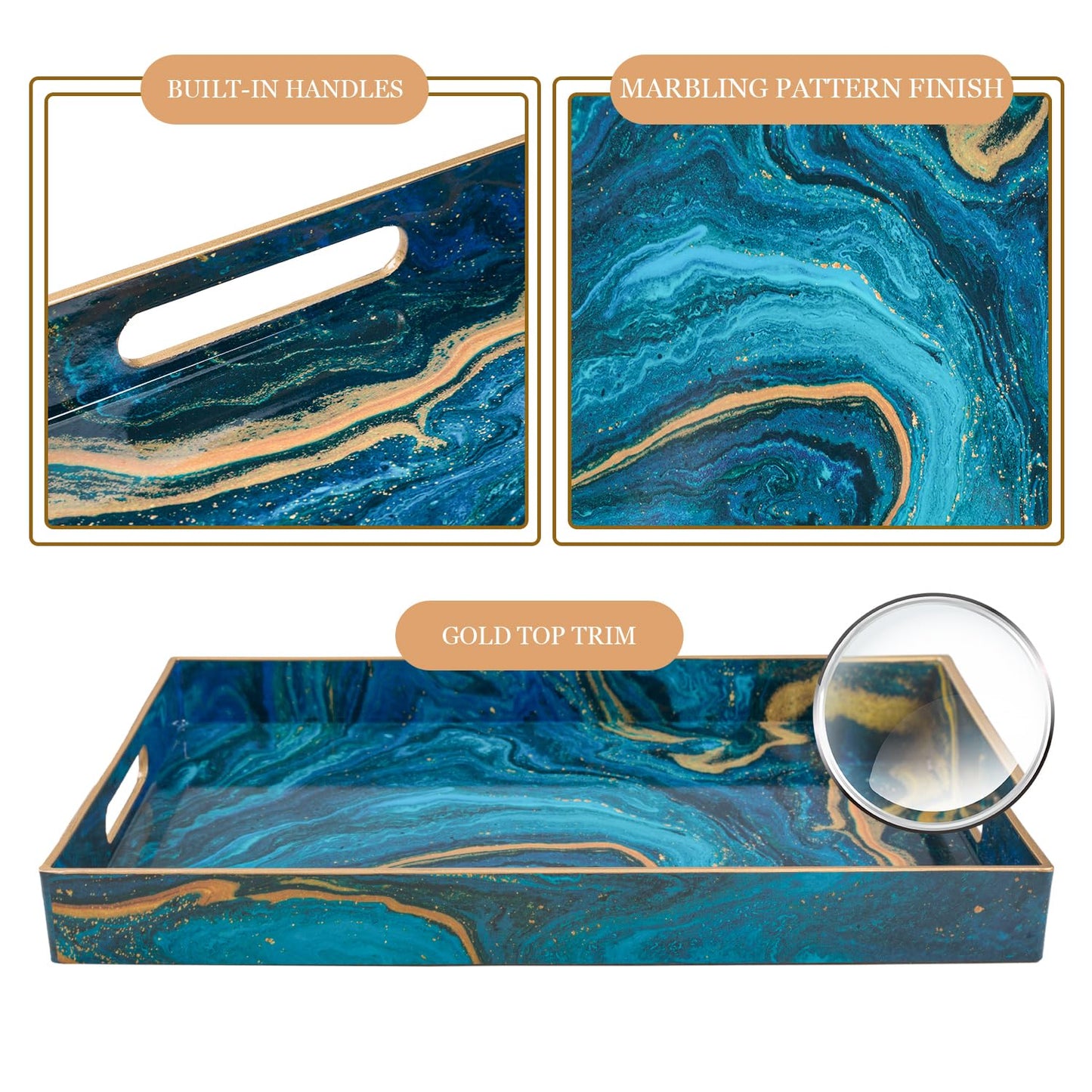 MAONAME Plastic Decorative Tray, Marbling Tray with Handles, Rectangular Coffee Table Trays, Blue Serving Trays for Ottoman, Bathroom, 15.7” x 11.8”